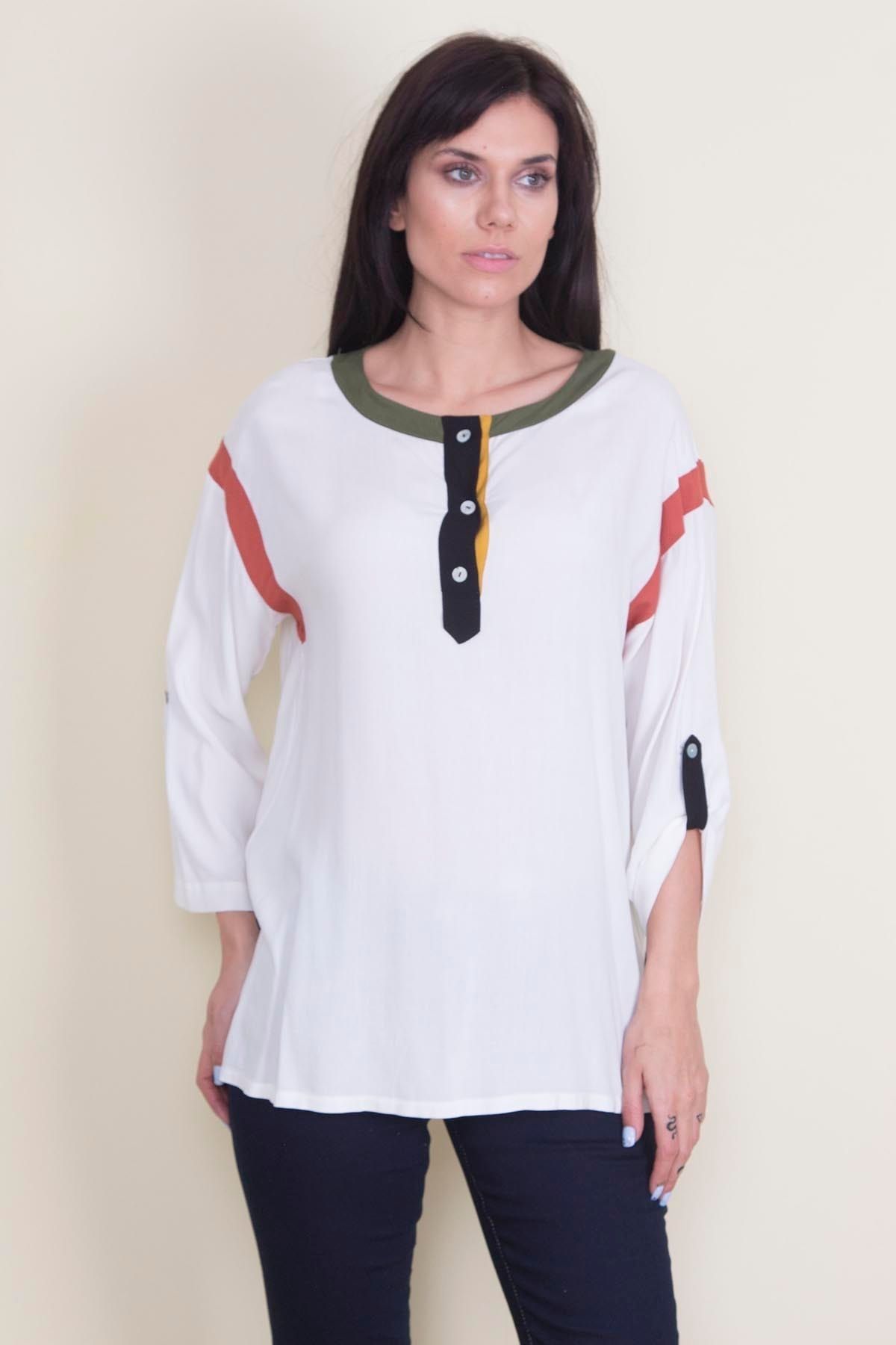 Şans Tekstil Kadın Kemik Ön Patı Sedef Düğmeli Kol Boyu Ayarlı Renk Detaylı Bluz 26a17862