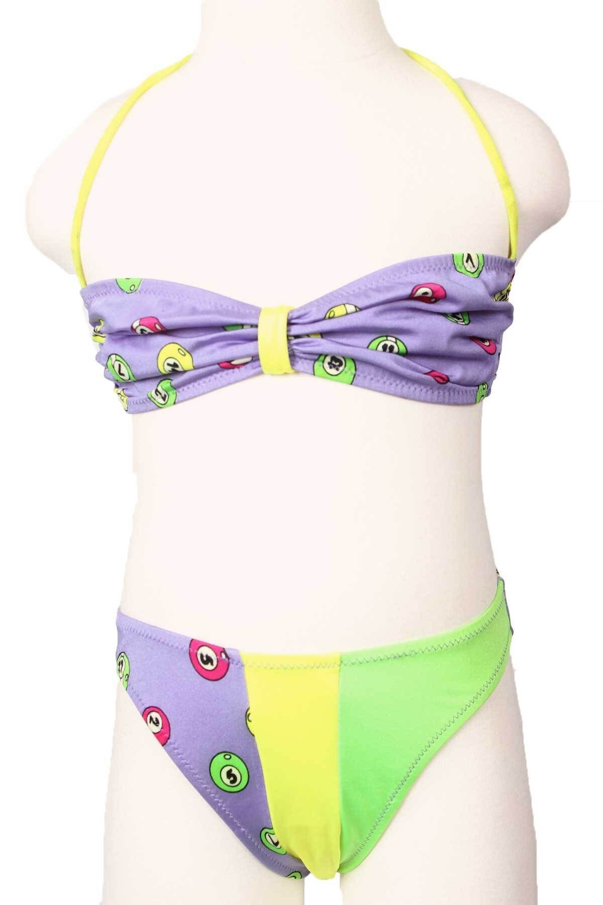 Sude Ayl Kız Çocuk Mor Boyundan Bağlamalı Straplez Model Empirme Desenli Alt Üst Bikini Takım 117