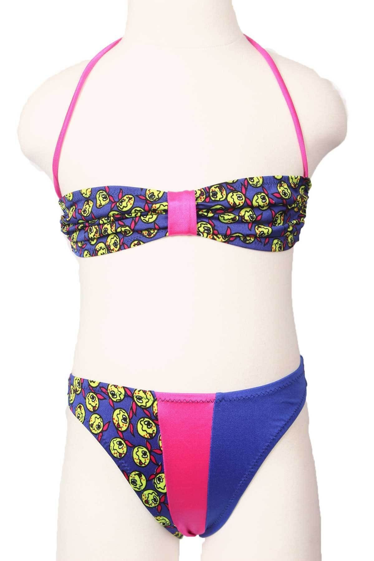 Sude Ayl Kız Çocuk Sax Boyundan Bağlamalı Straplez Model Empirme Desenli Alt Üst Bikini Takım 117