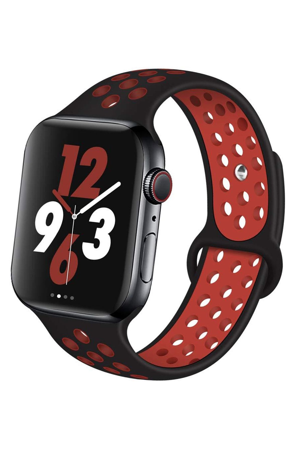 Robotekno Apple Watch Silikon Delikli Kordon Iwatch Uyumlu Kayış Seri  42 mm/44 mm - Siyah Kırmızı