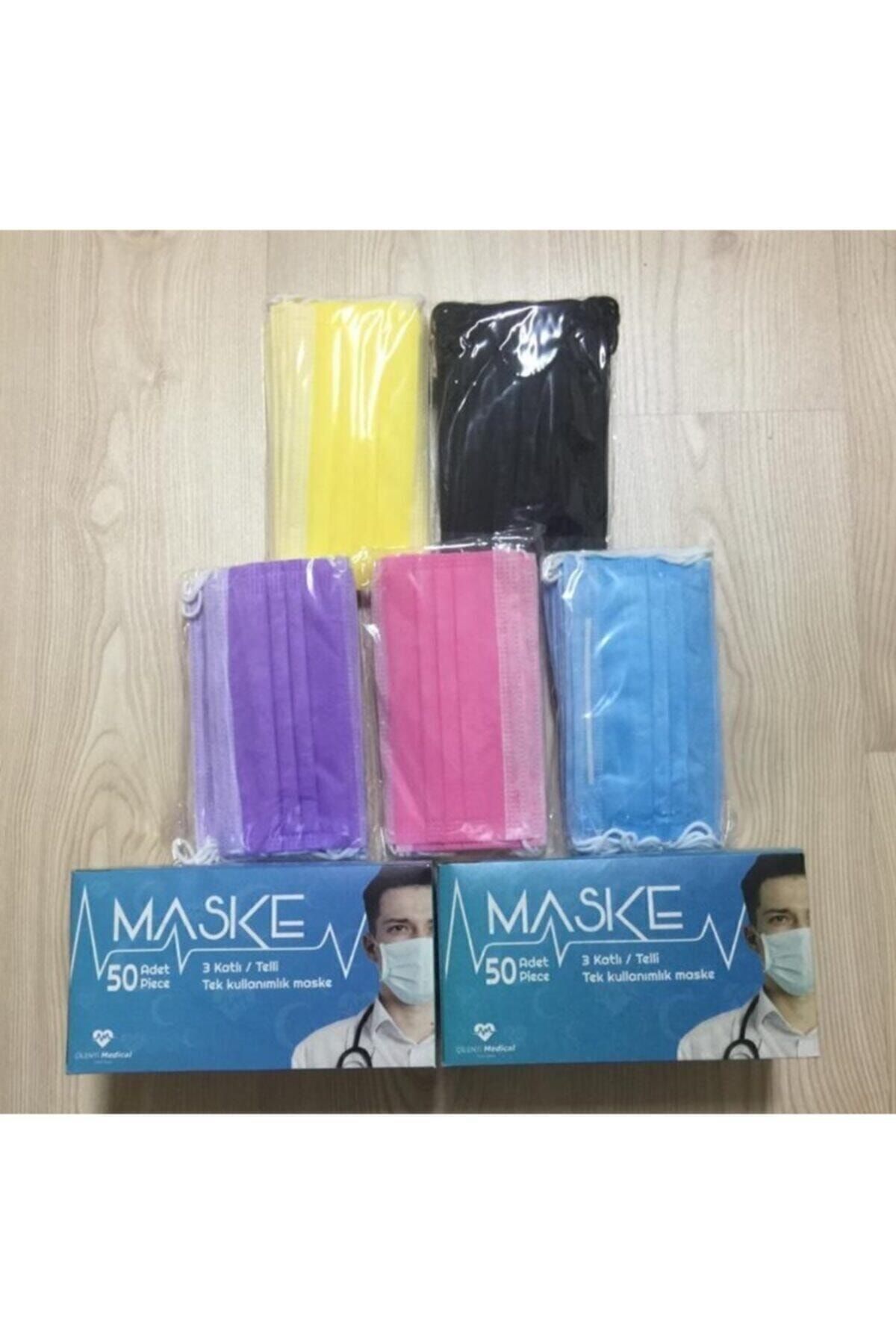Medikal Maske Renkli Steril Burun Telli Tek Kullanımlık 50 Adet Sarı Siyah Mor Pembe Mavi Maske