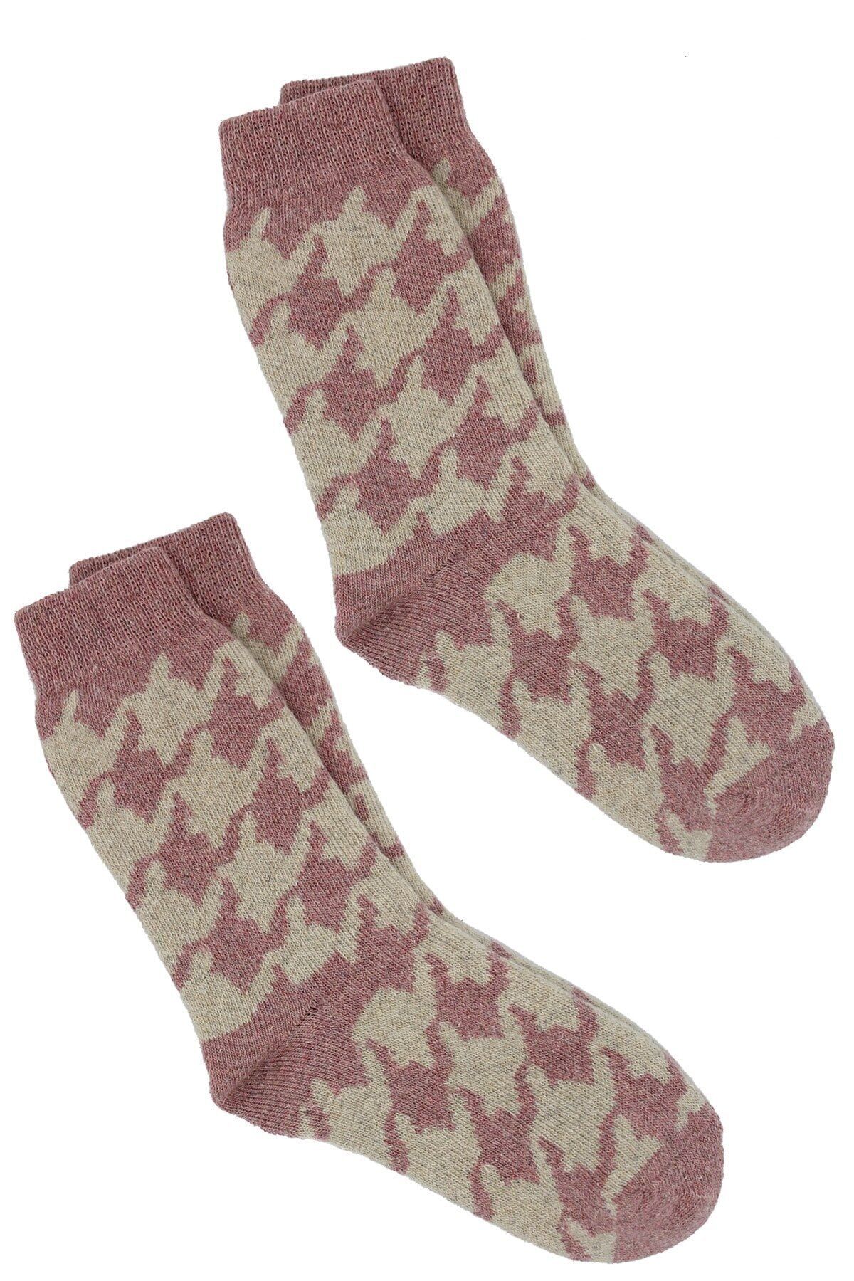 Genel Markalar 2'li Paket Yün Havlu Kazayağı Desenli Kalın Kışlık Kadın Çorap (Bej)