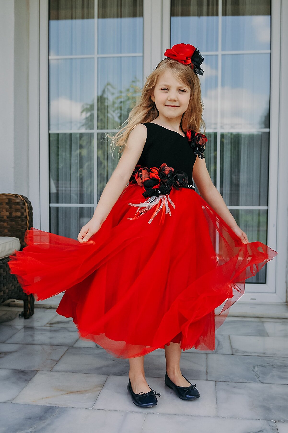 MIALORA EXCLUSIVE Kırmızı Siyah , Taç Aksesuarlı, Kız Çocuk Parti Elbisesi, Abiye Elbise