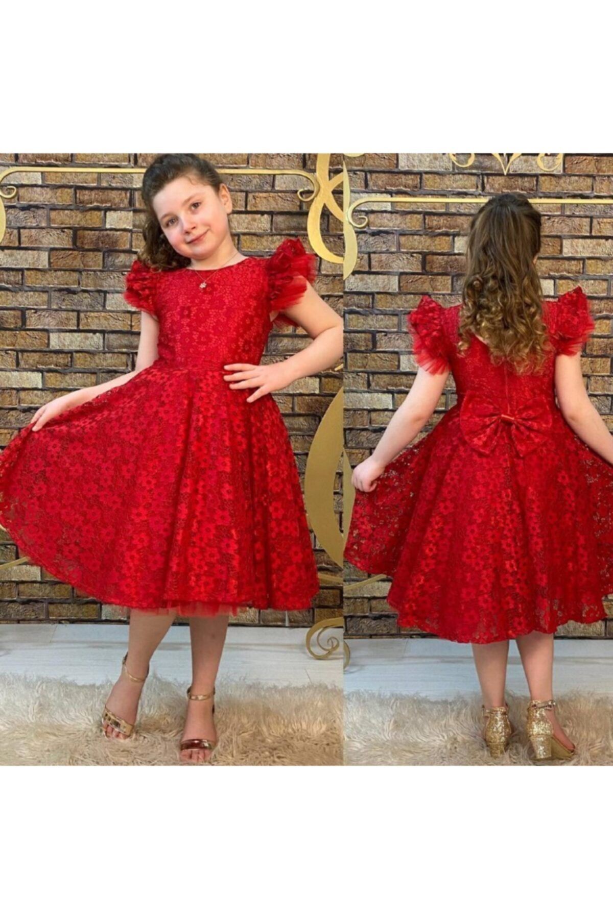 Pumpido Güpürlü Kız Çocuk Abiye Elbise Kırmızı