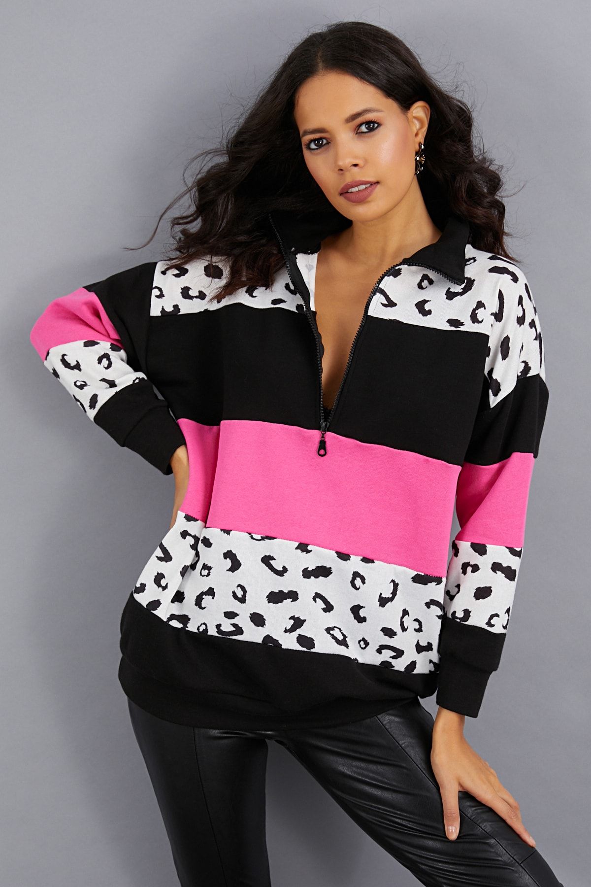 Cool & Sexy Kadın Multi Leopar Desen Kontrast Sweatshirt BK1300
