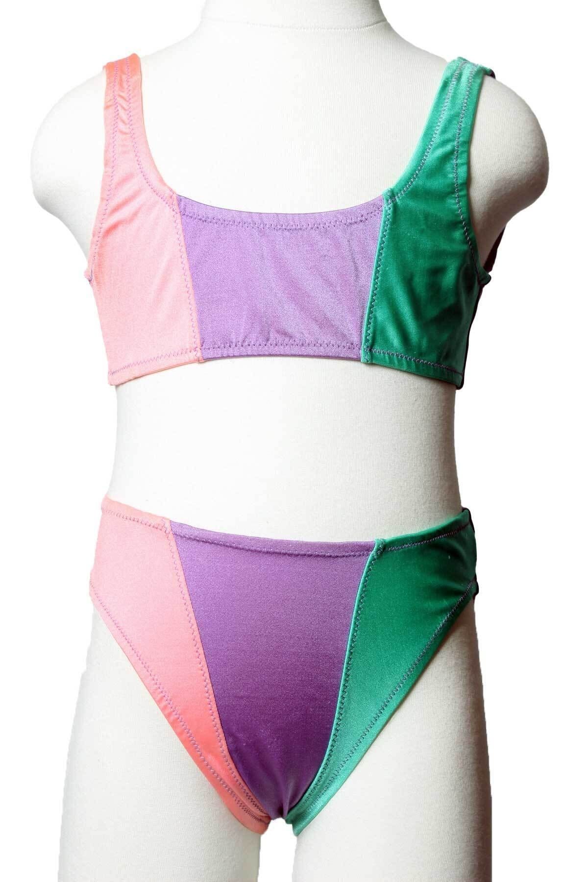 Sude Ayl Kız Çocuk Lila Yeşil Bustiyer Model Bikini Düz Alt Üst Takım 85
