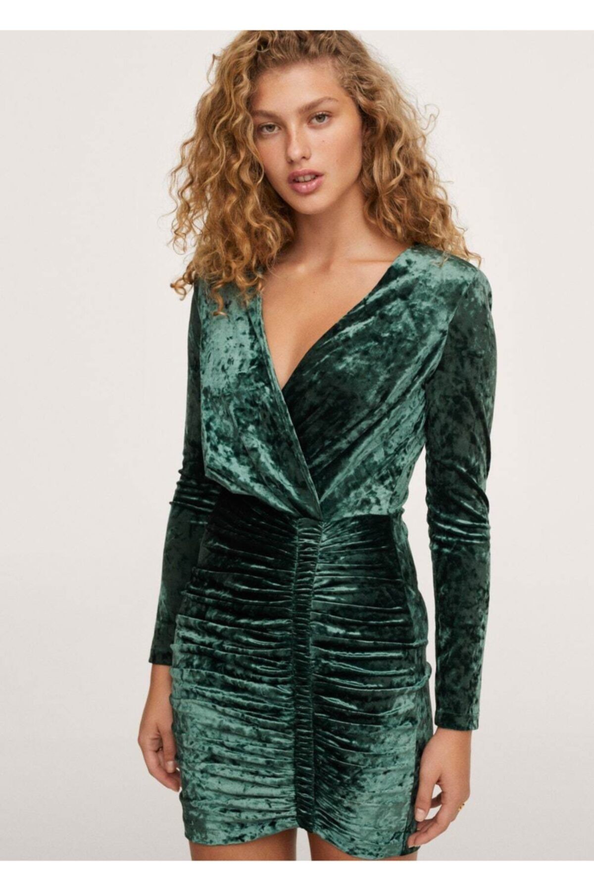 MANGO Kadın Yeşil Büzgülü Kadife Elbise