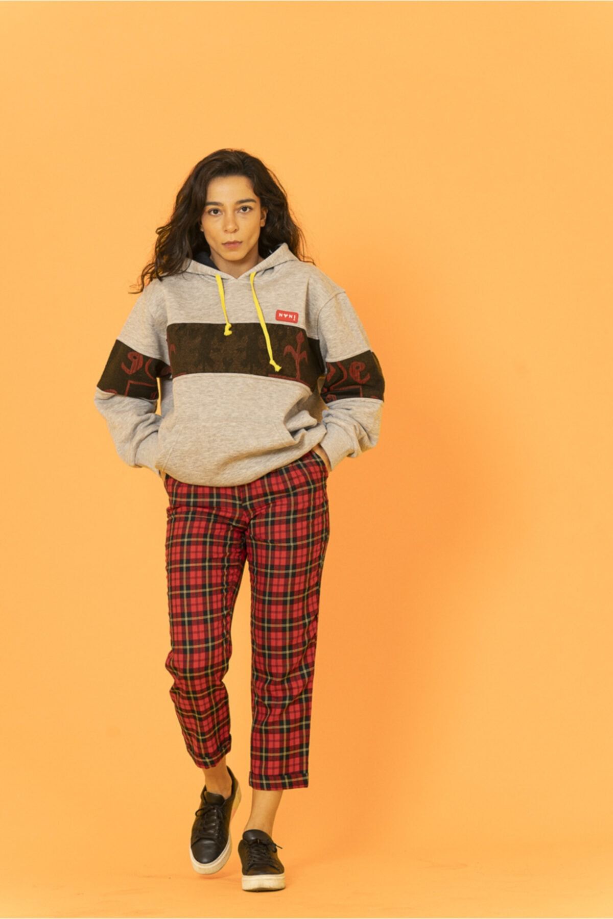 Nani Collection ni Gri Renkli Bordo Parça Desenli Oversize Unisex Sweatshirt