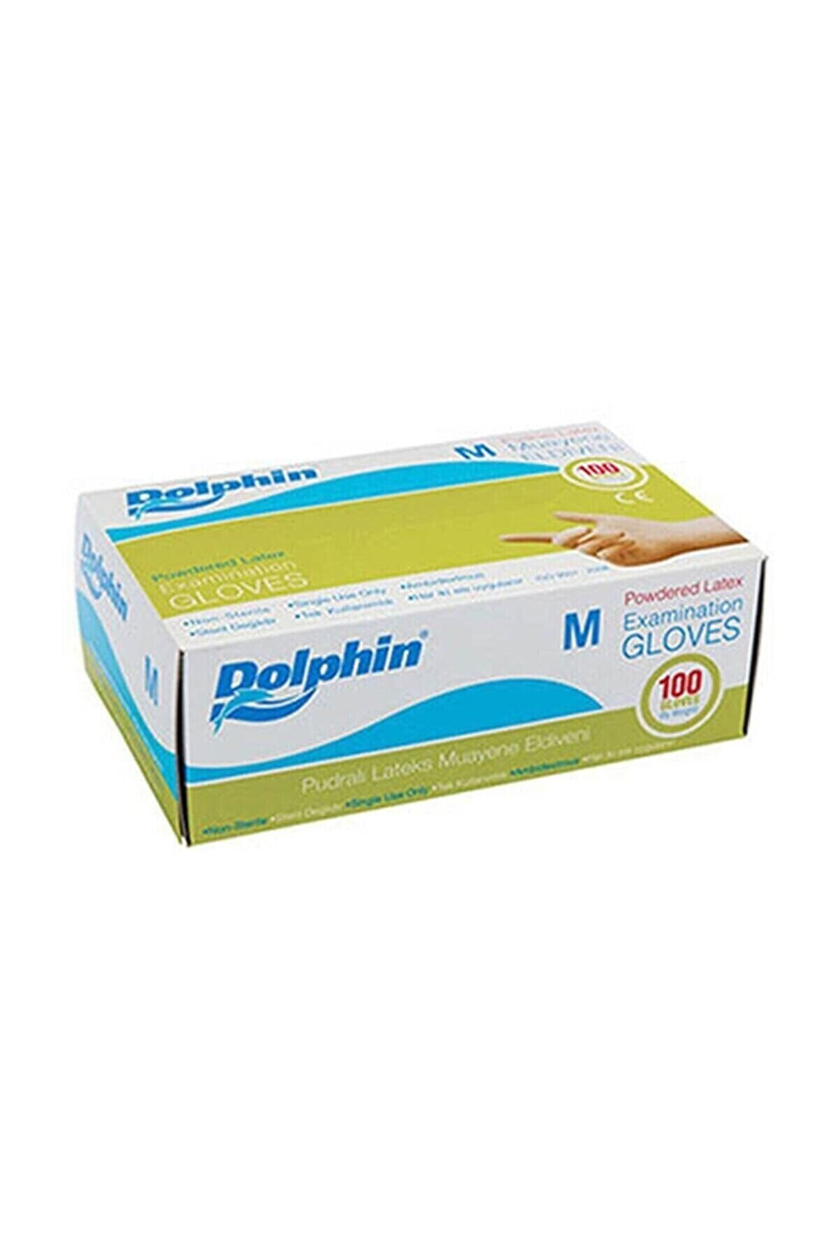 Dolphin Latex Pudralı Eldiven - Tıbbi Medikal Muayene Lateks Eldiven 100'lü Paket M Beden