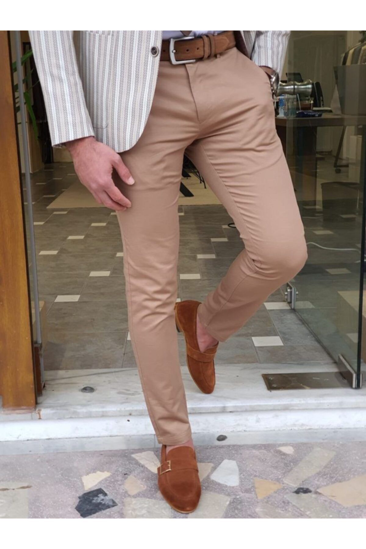 Rich Point Italyan Stil Düz Desen Erkek Keten Kumaş Pantolon