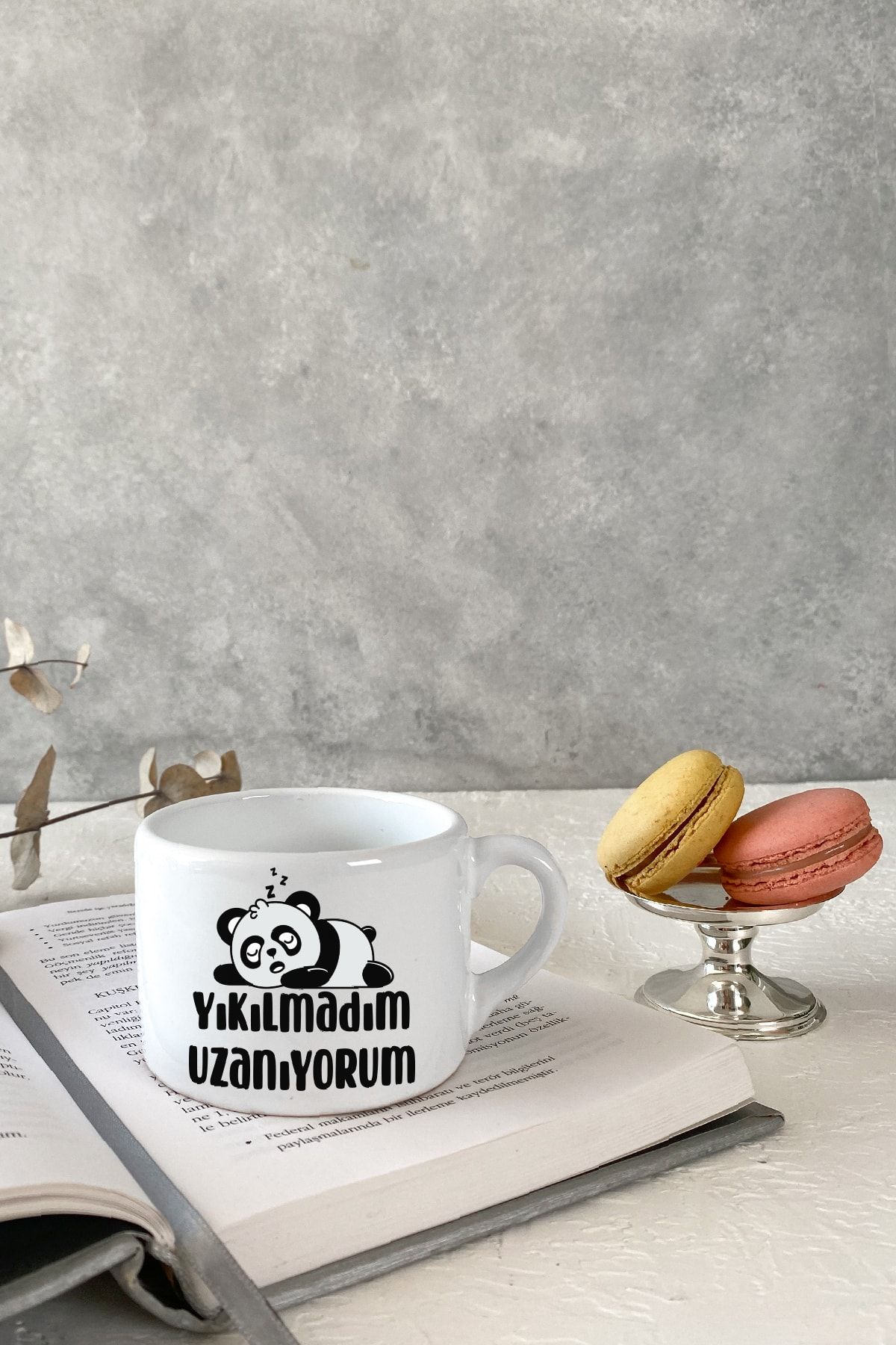 Vivas Panda Yıkılmadım Uzanıyorum Beyaz Espresso Fincanı Kahve Kupası Kupa Bardak Kahve Fincanı