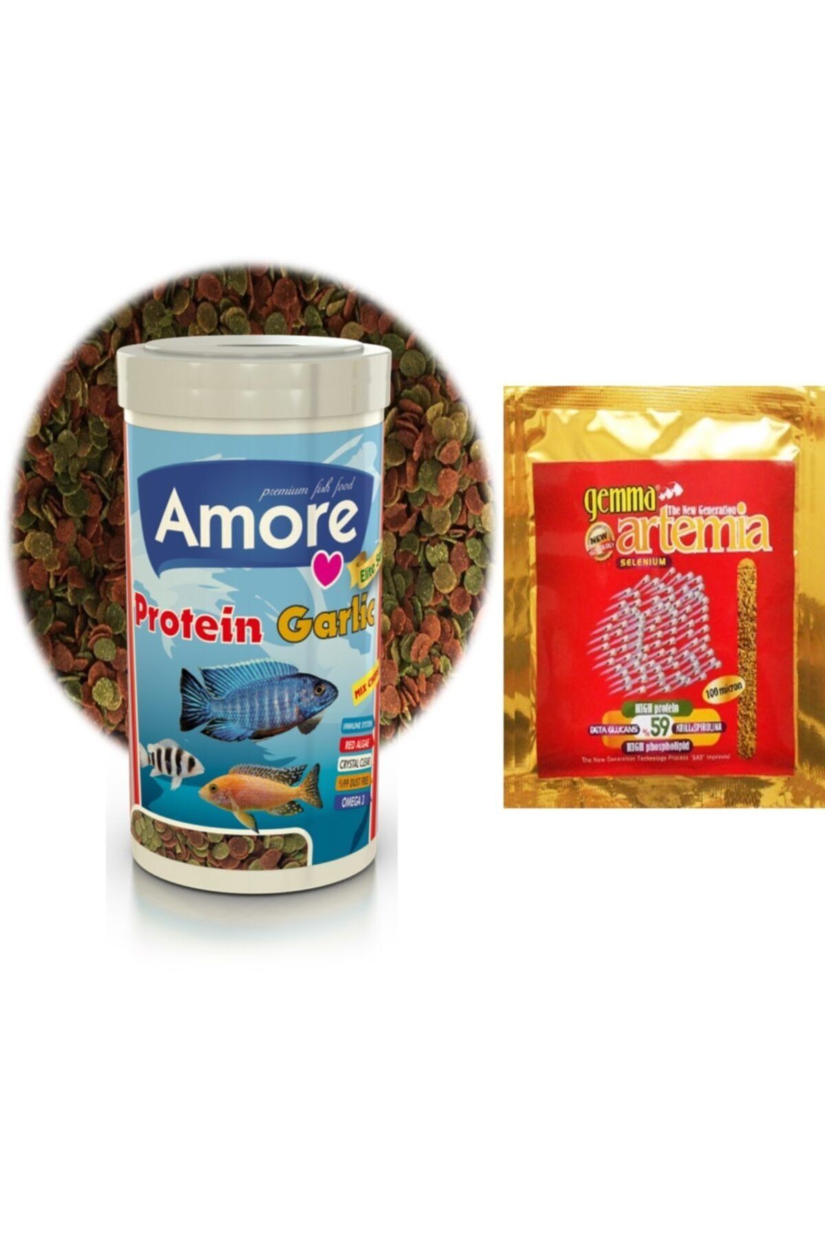 AMORE Gemma Artemia 10 G Zarf + Protein Garlic 250ml Kutu Balık Yemi