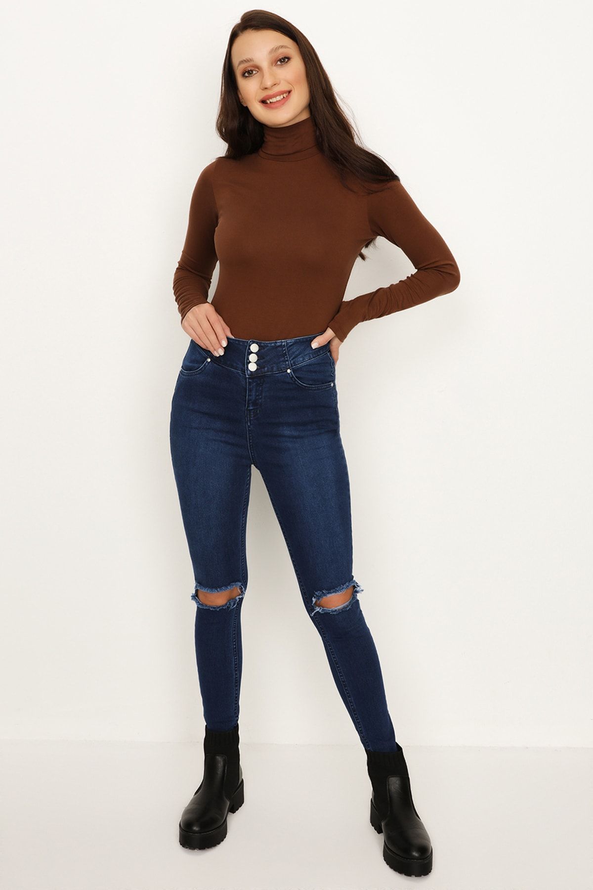 Select Moda Kadın Mavi 3 Düğmeli Yırtık Detaylı Skinny Jeans