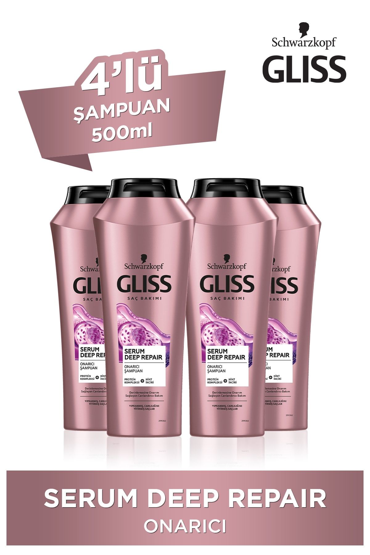 Gliss Serum Deep Repair Onarıcı Şampuan - Protein Kompleksi Ve Hint Inciri Ile 500 ml X 4 Adet