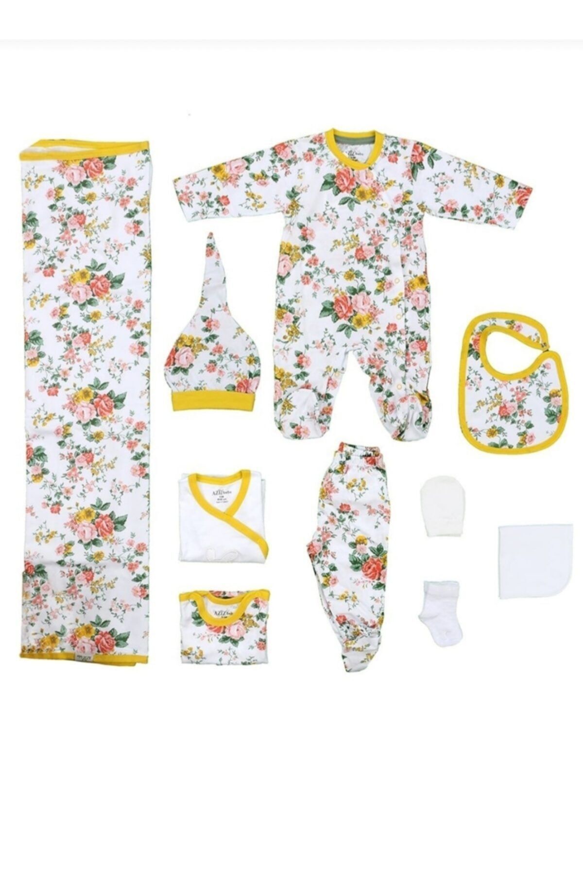 Aziz Bebe Kız Bebek Çiçek Desenli Beyaz-sarı 10!lu Hastane Çıkış Seti