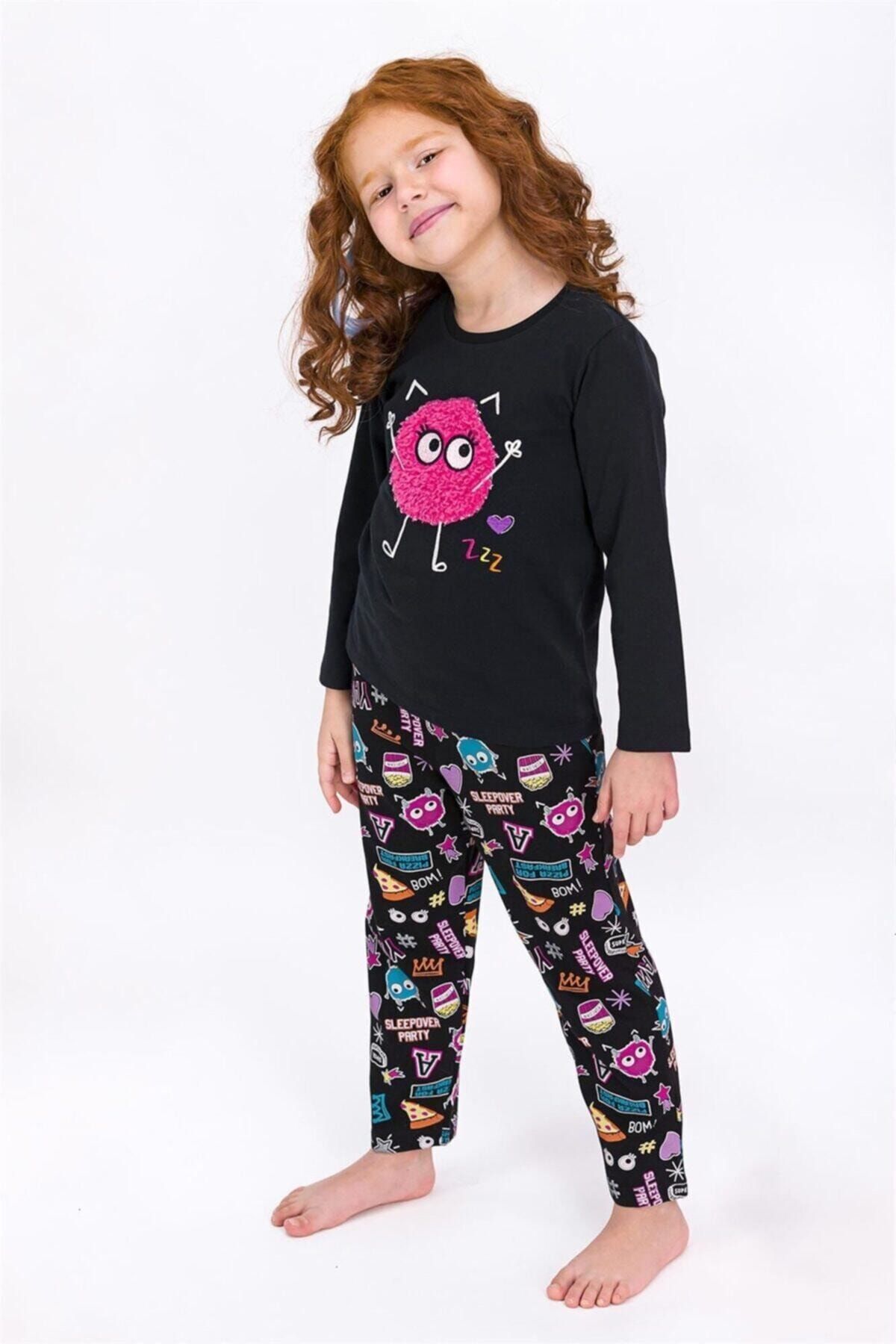 Rolypoly Rolypoly Pizza Monster Yawn Siyah Kız Çocuk Pijama Takımı