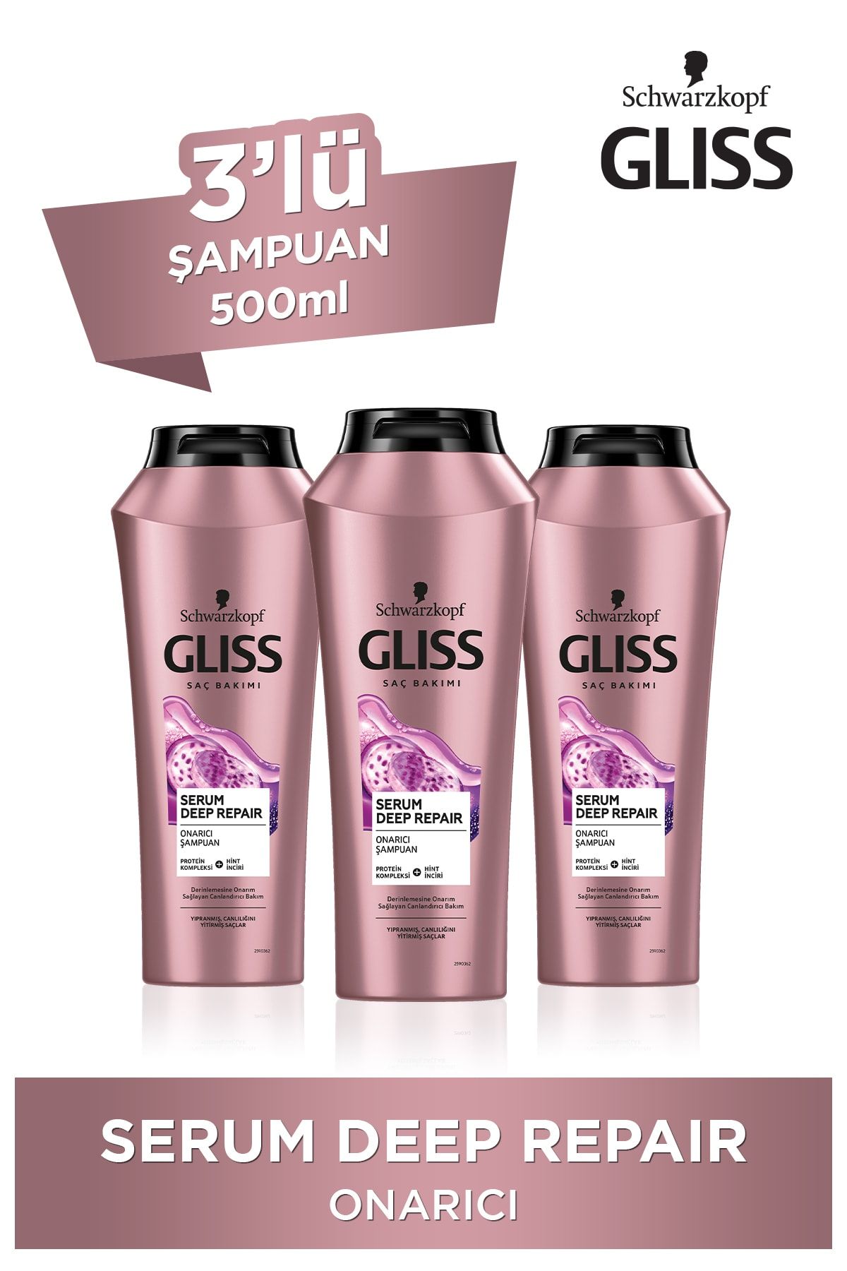 Gliss Serum Deep Repair Onarıcı Şampuan - Protein Kompleksi Ve Hint Inciri Ile 500 ml X 3 Adet