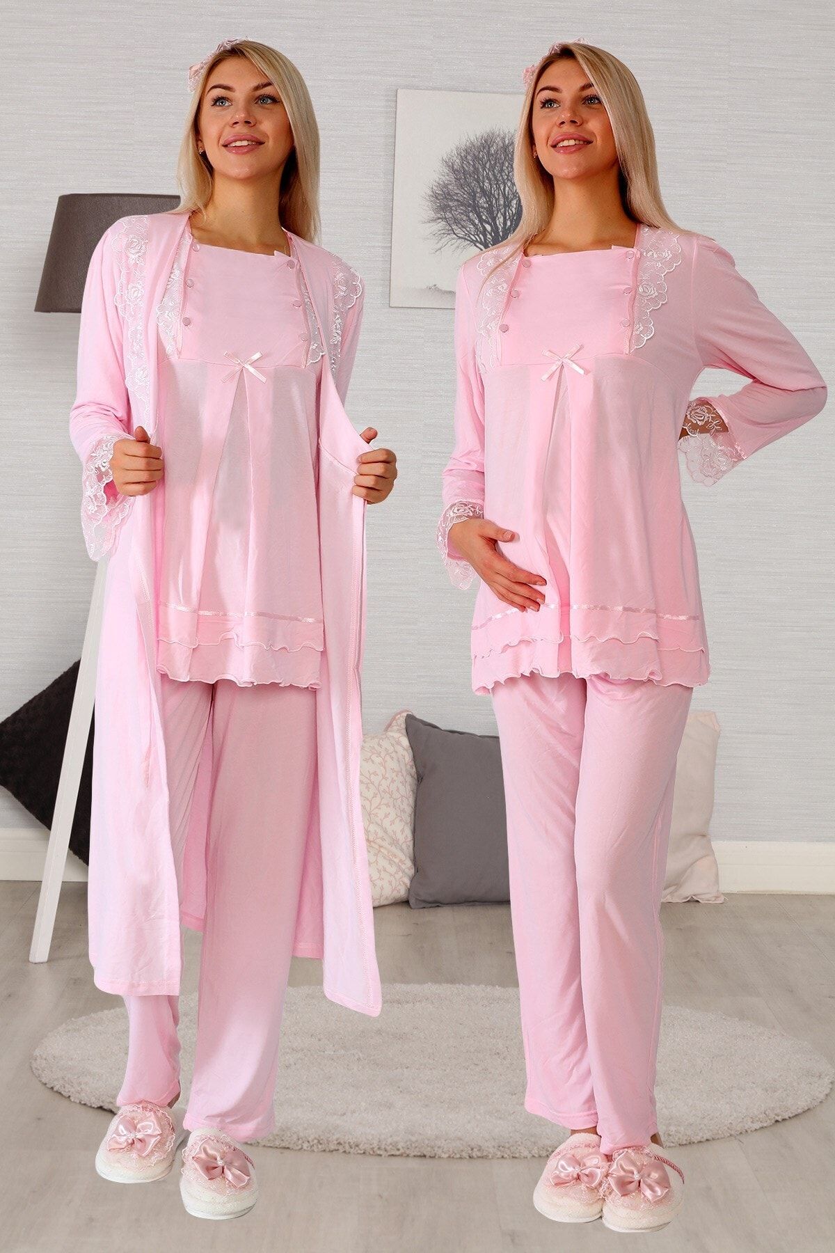 lohusahamile Kadın Pembe Kolay Emzirme Özellikli Sabahlıklı Lohusa Pijama Takımı 20124