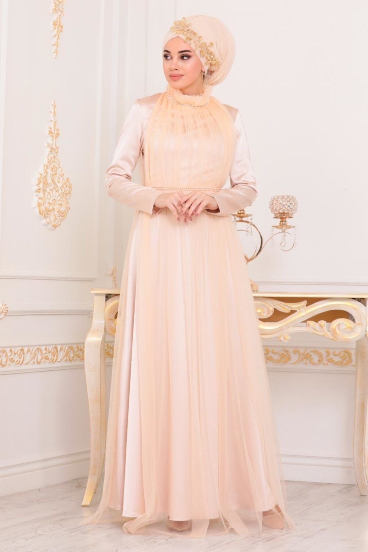 Neva Style Kadın Somon Tesettürlü Abiye Elbise - Boncuk Detaylı Tesettür Abiye Elbise 2203smn