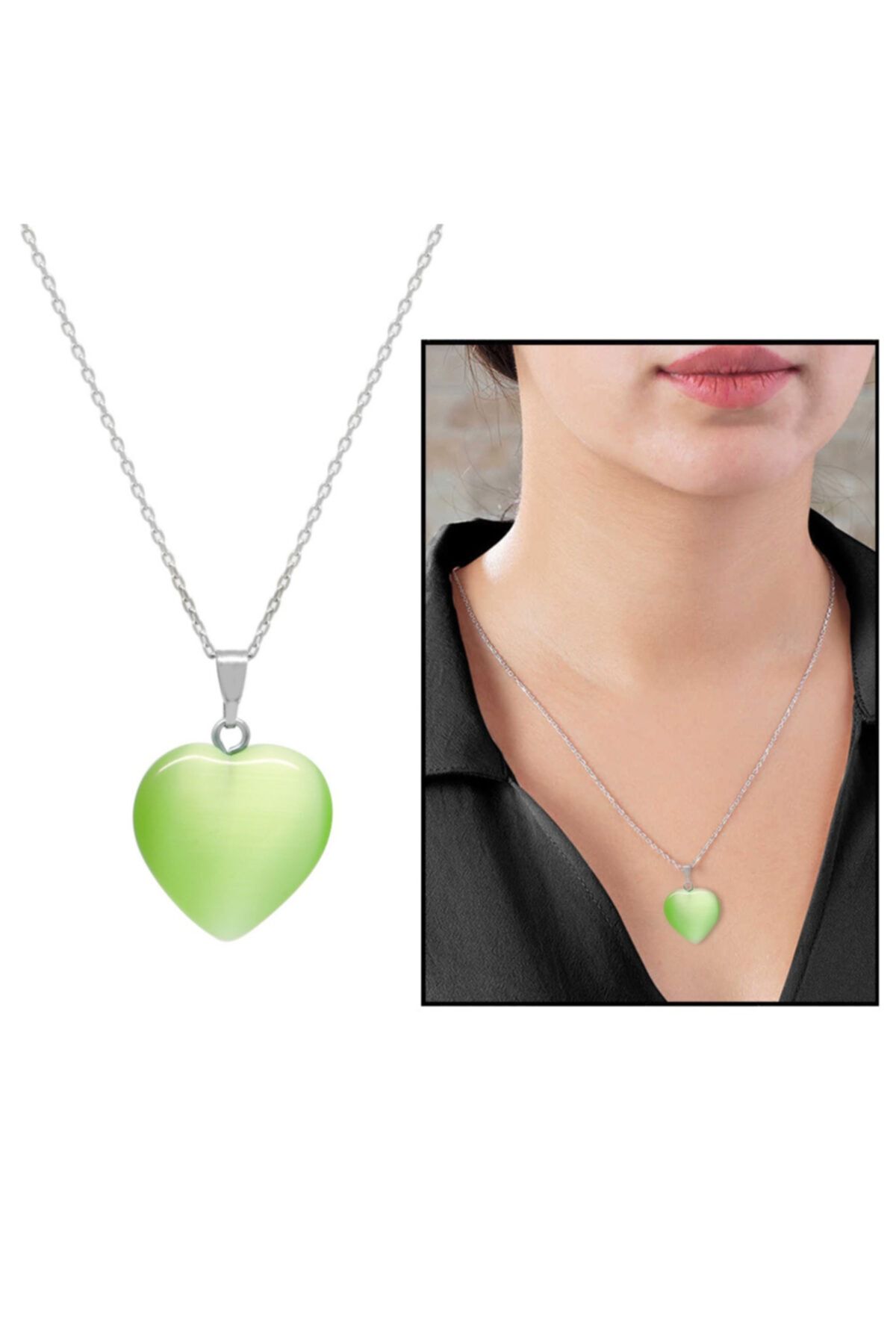 Tesbihane Kalp Tasarım 925 Ayar Gümüş Zincirli Çift Taraflı Fıstık Yeşil Kedigözü Kolye