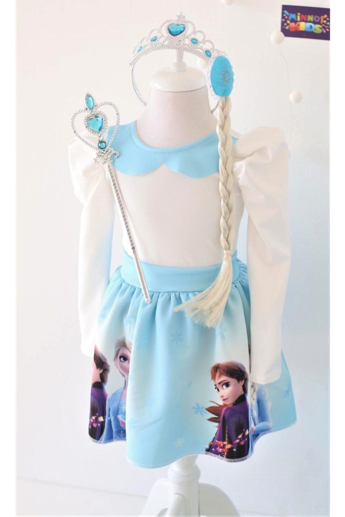 Minnoş Butik Tasarım Kız Çocuk Mavi Frozen Doğum Günü Elbisesi