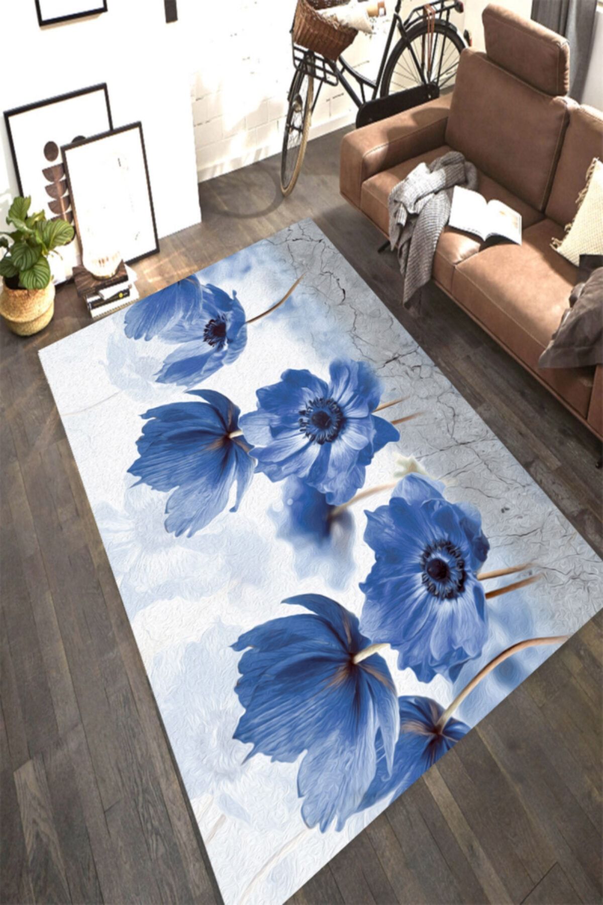 Modanoiva Mavi Kantaron Çiçeği Desenli Dijital Baskılı Halı Mrc2177