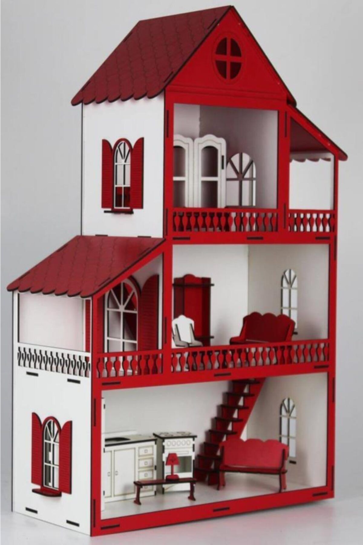 WoodyLife Montessori Ahşap Eğitici Oyuncak Ev Barbi Lol Uyumlu 85cm Ev Kırmızı