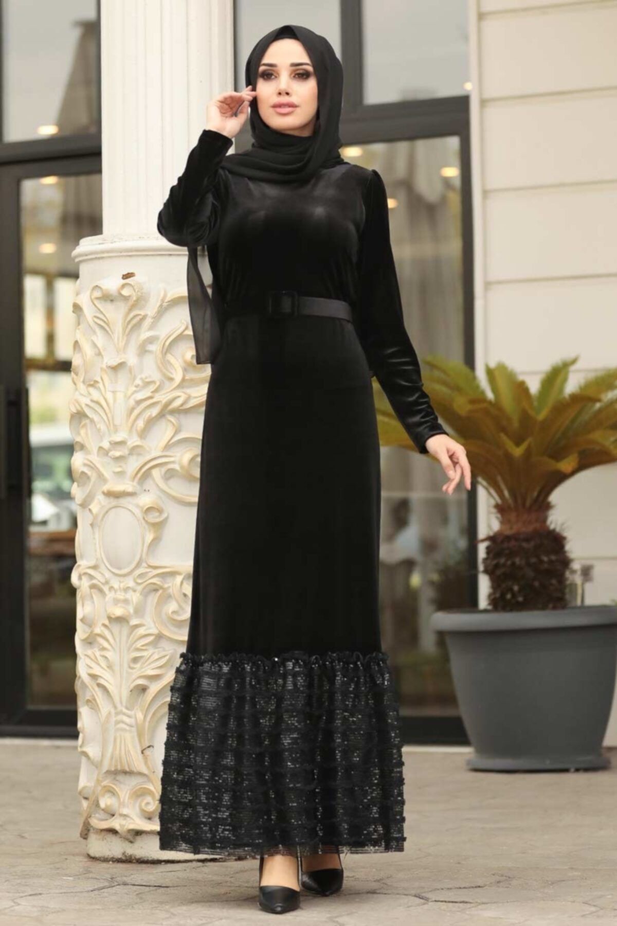 Neva Style Kadın Altı Detaylı Siyah Tesettür Kadife Elbise 11039s