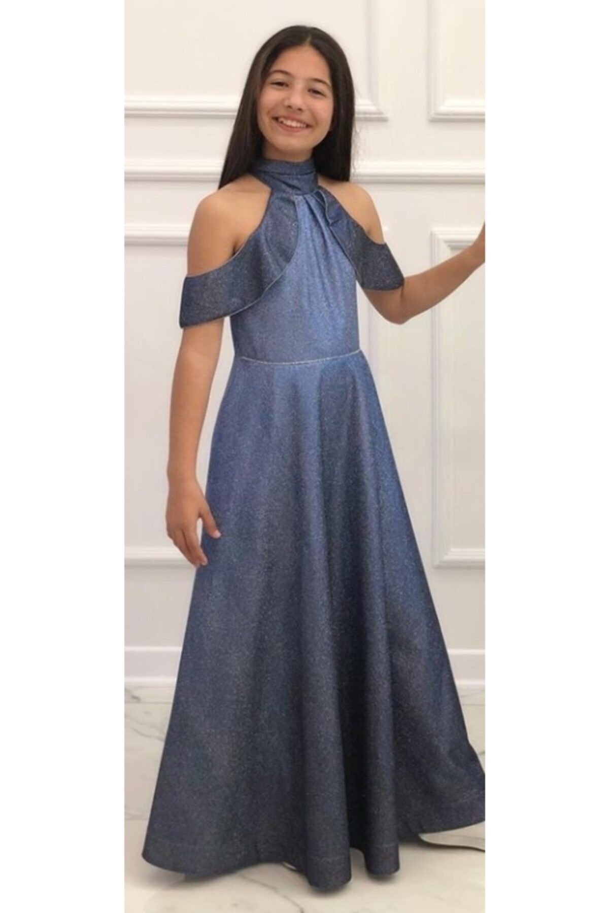 ChatonDor Kız Çocuk Lacivert Kruvaze Yaka Abiye Elbise