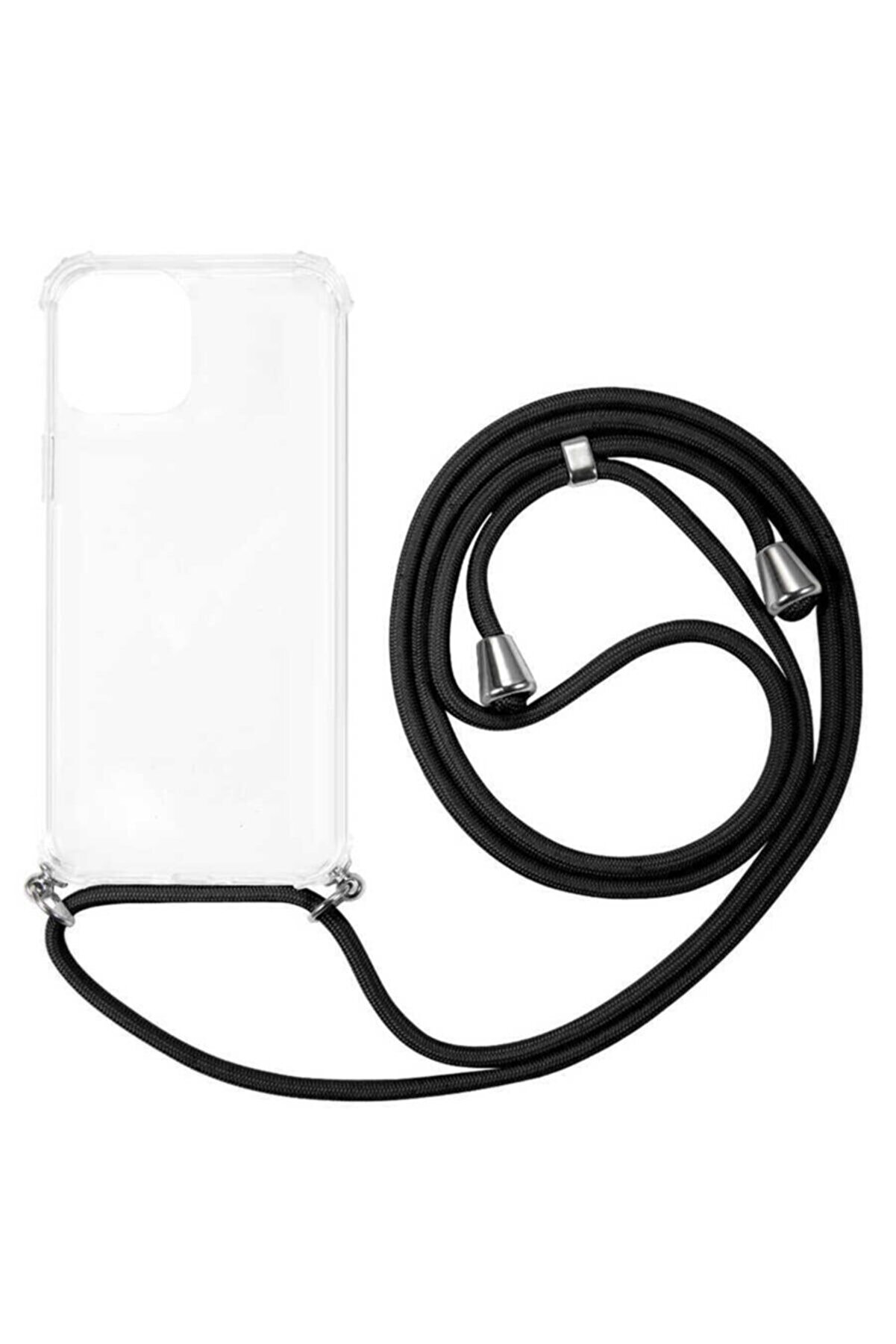 Nezih Case Apple Iphone 12 Pro Boyun Askılı Airbagli Şeffaf Silikon  İp Rengi Siyah Kılıf
