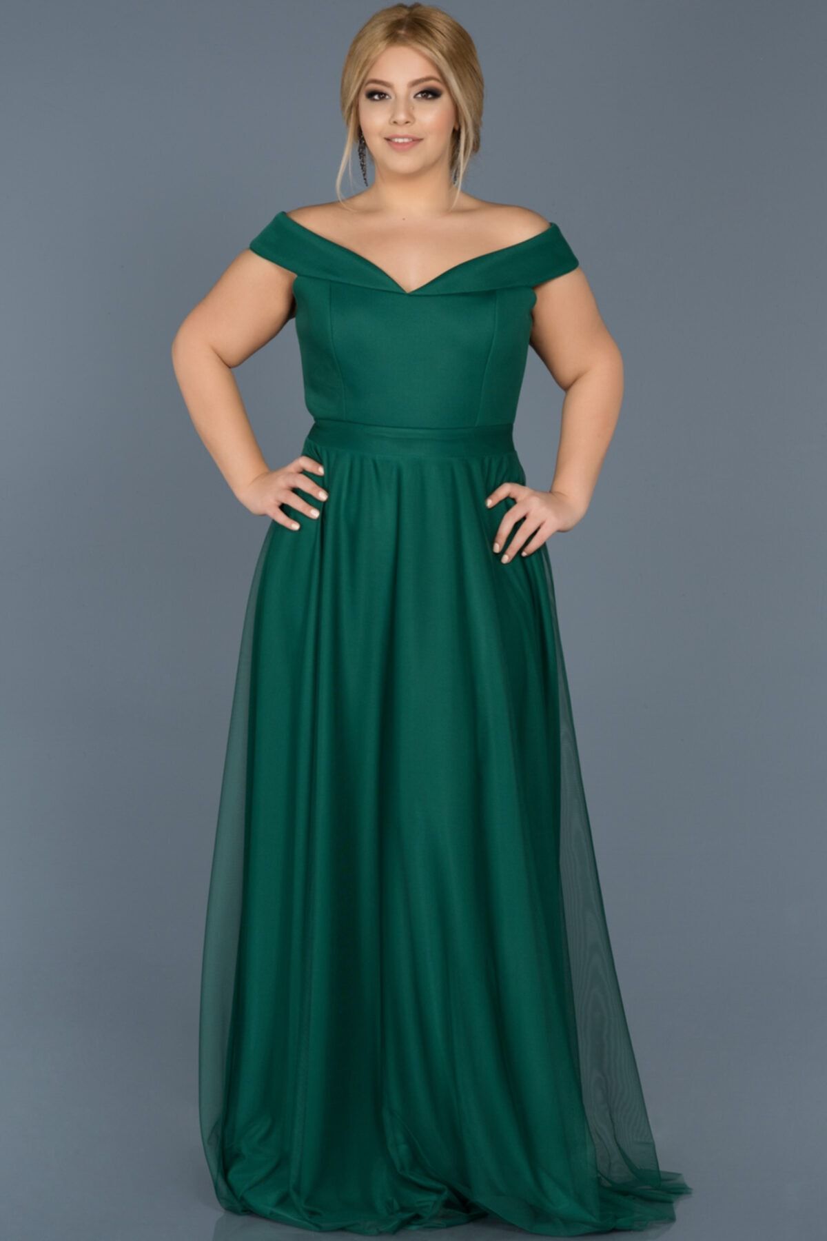Abiyefon Kadın Zümrüt Yeşili Kayık Yaka Büyük Beden Elbise Abu020
