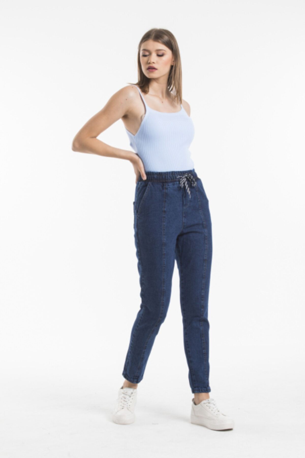 Sismo Butik Kadın Koyu Mavi Belden Lastikli ve İpli Likrasız Jeans