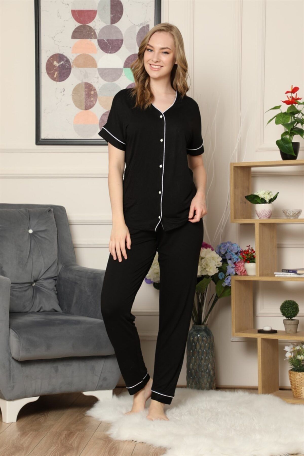 ARCAN Kadın Siyah Kısa Kollu Önden Düğmeli Biye Detaylı Pijama Takımı