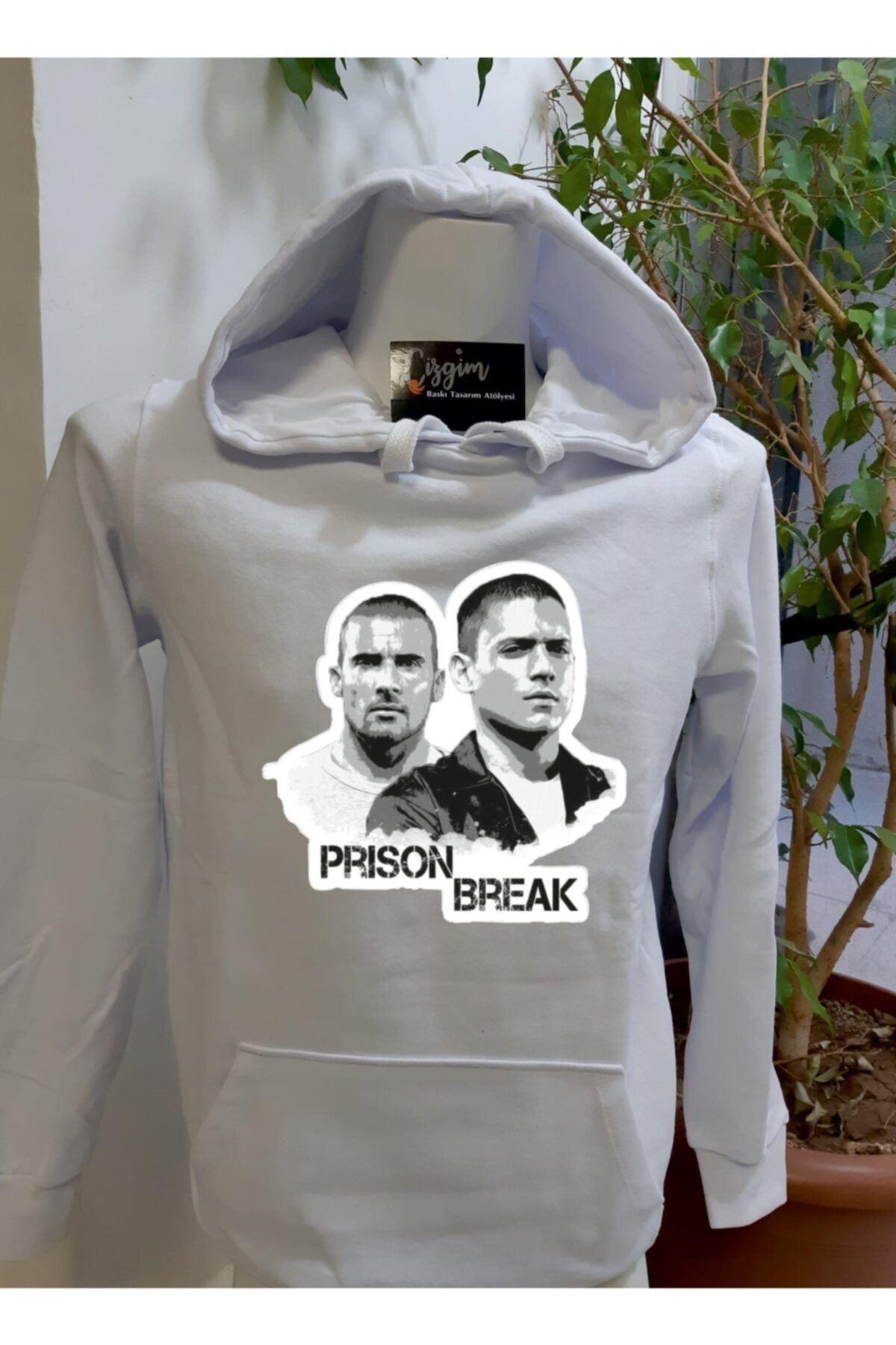 ÇİZGİM ATÖLYESİ Unisex Beyaz Kapüşonlu Prison Break Baskılı Sweatshirt