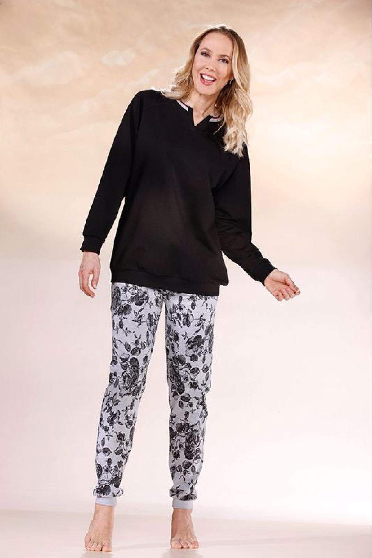 Nurteks Kadın Siyah Çiçek Desenli Uzun Kollu Pijama Takımı