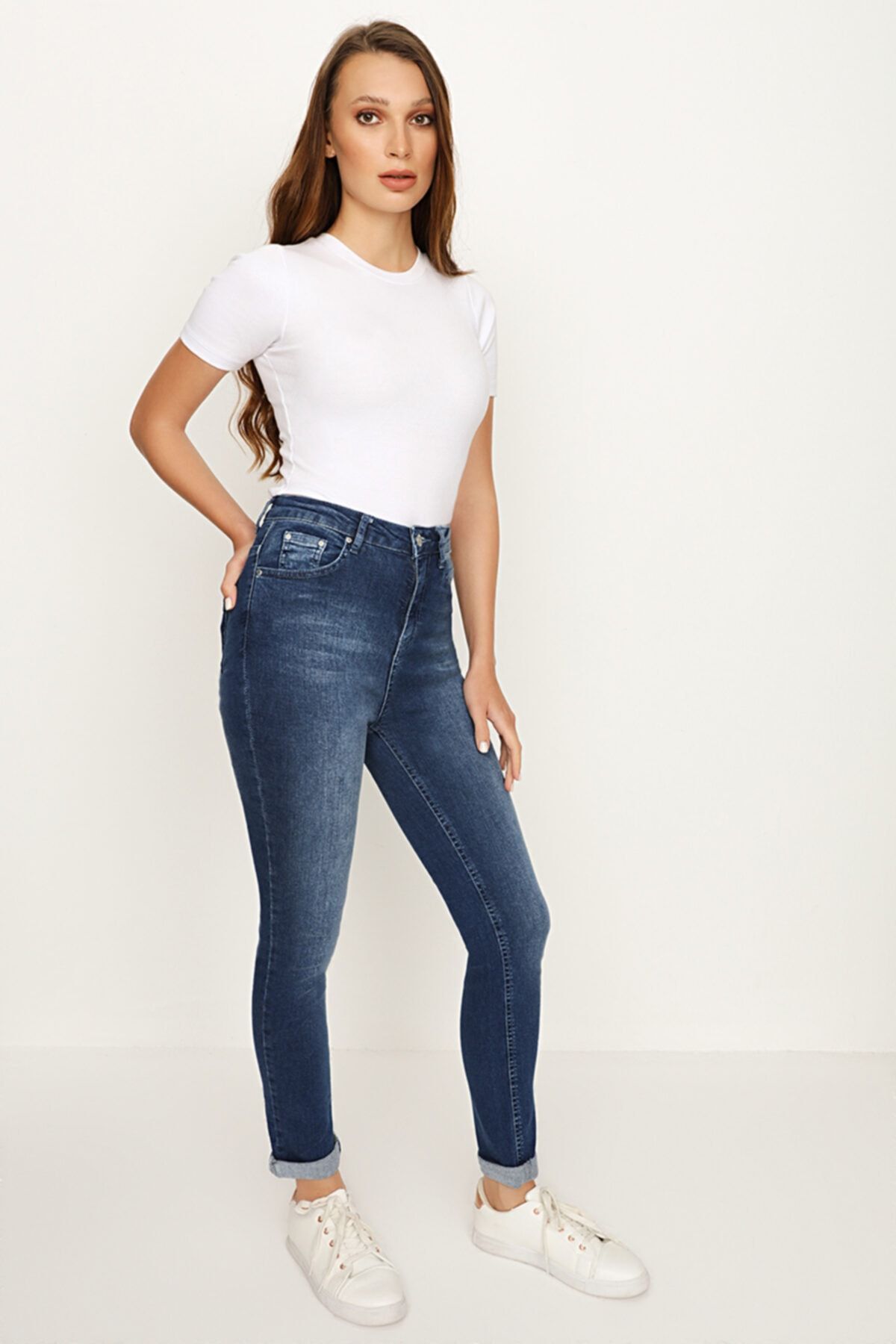 Select Moda Kadın Mavi Paçası Katlamalı Skinny Jeans