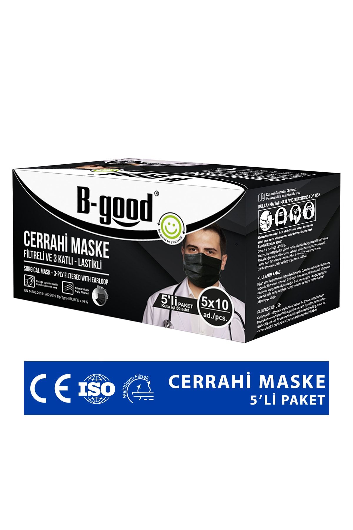 B-GOOD Siyah Renk Cerrahi Maske Lastikli Filtreli 3 Katlı 50'li