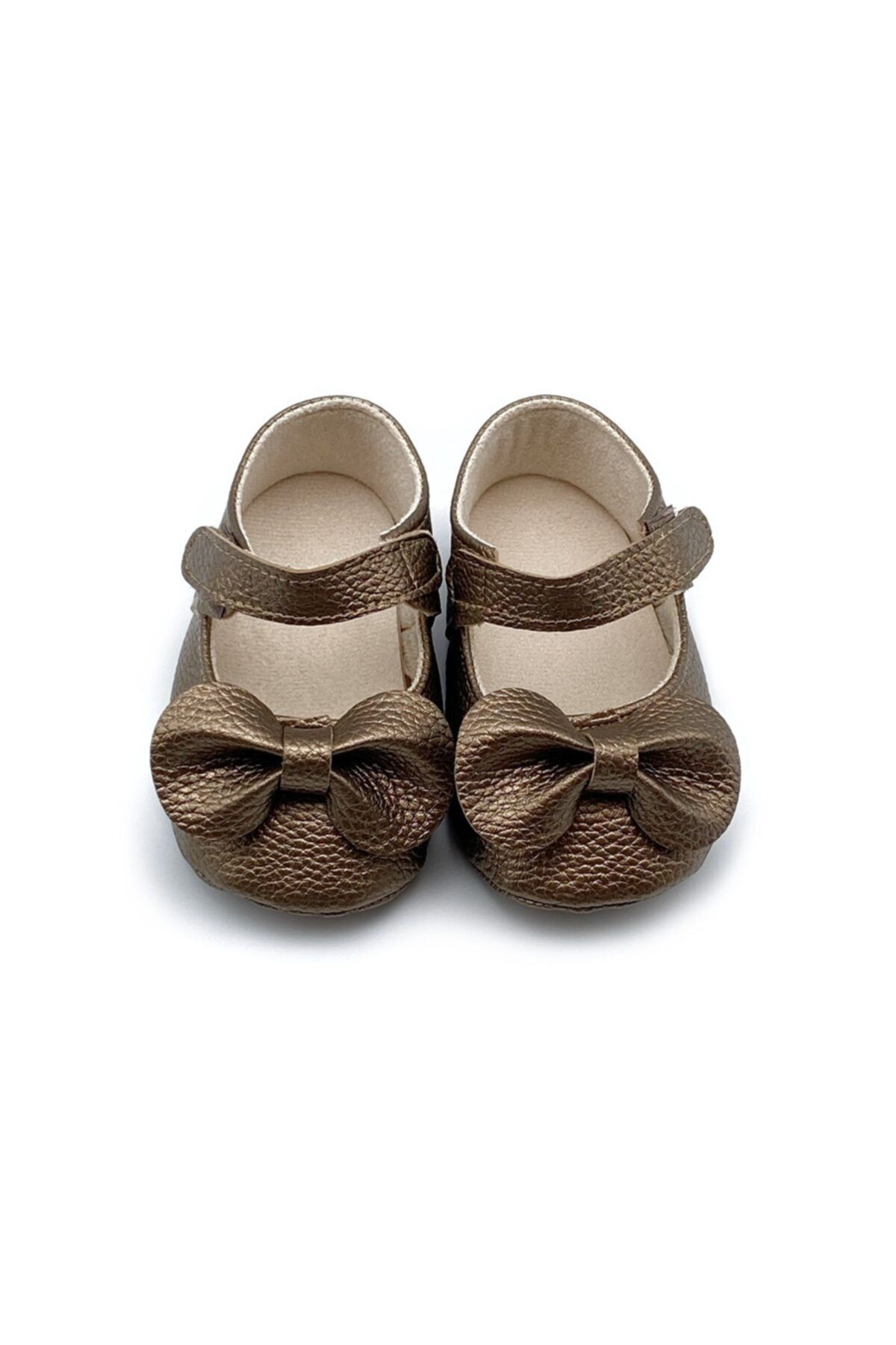 Genel Markalar Kız Bebek Gold Altın Sarı Renk El Yapımı Fiyonklu Cırtlı Babet Ayakkabı