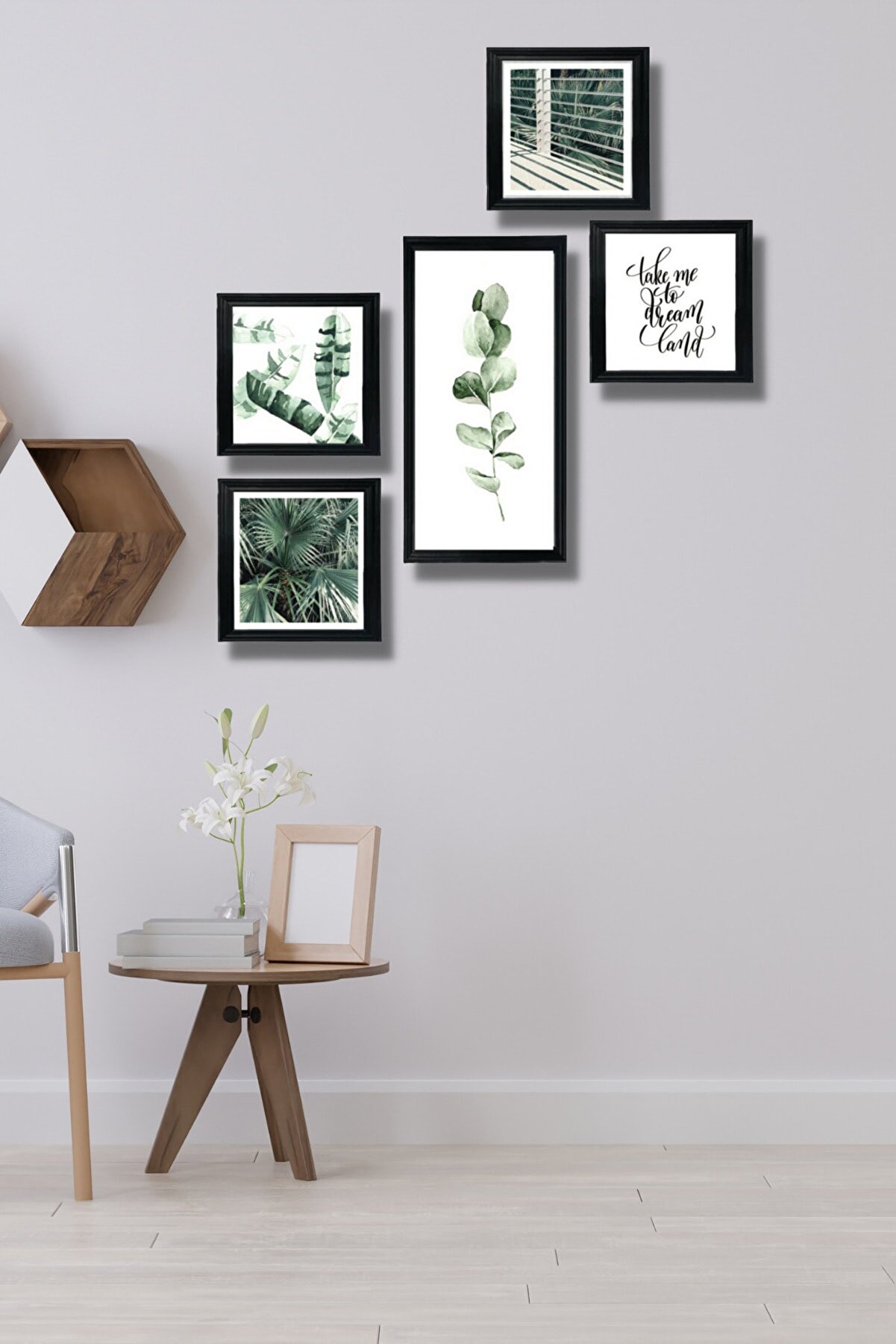 NT Handmade 5 Parça Ahşap Tablo Seti - Yeşil Yapraklar Salon Otuma Yatak Odası Için Mdf Duvar Dekoru 50x30 Cm