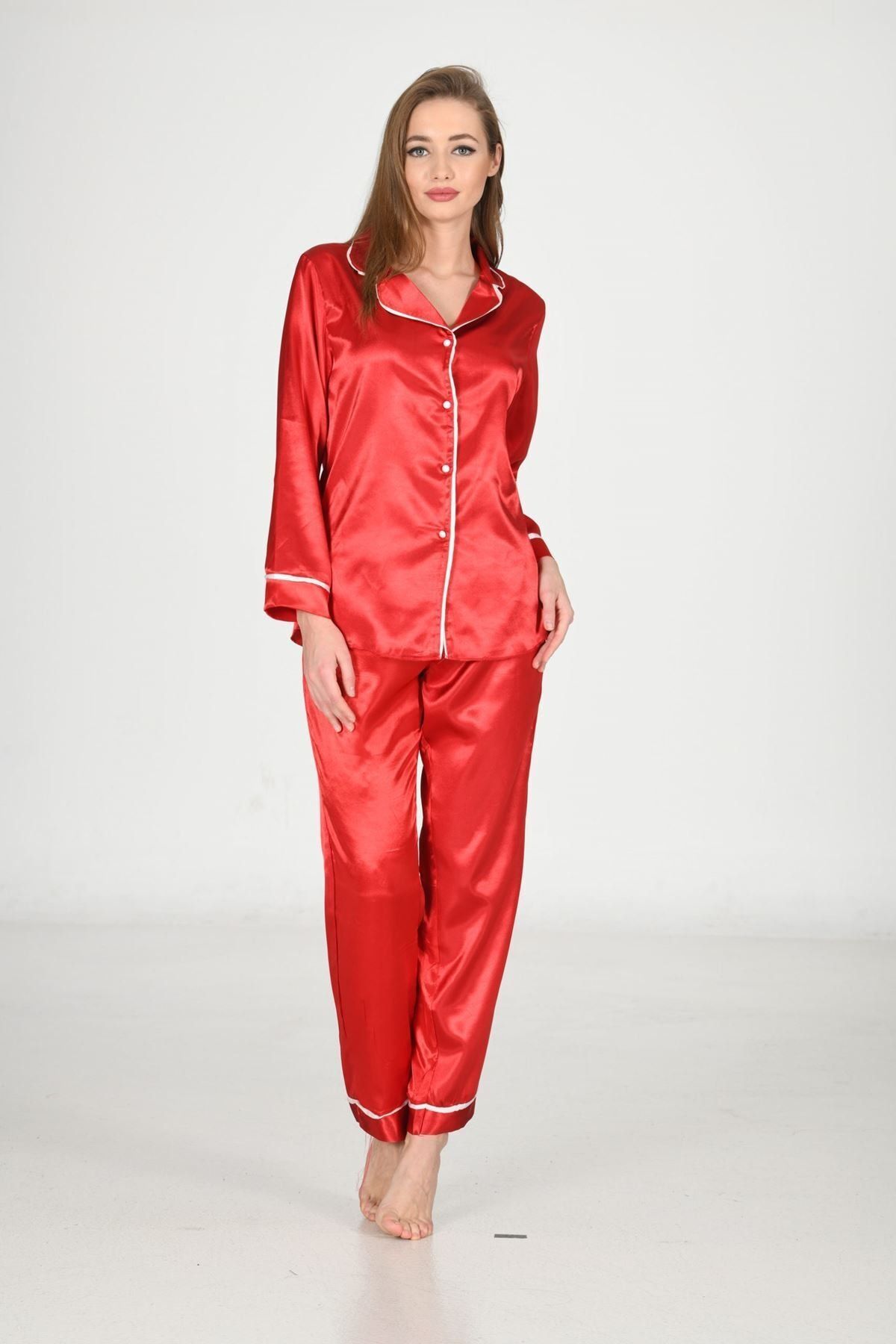 AykodenT Kadın Kırmızı Uzun Kollu Alt Üst Saten Pijama Takımı - Saten Çeyizlik Pijama Takımı