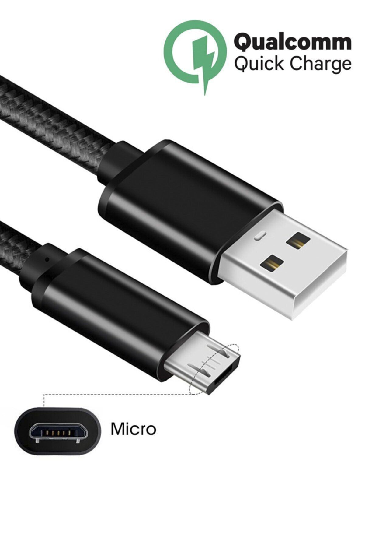 MEZİGARC Android Micro Usb Girişli Cihazlara uyumlu Örgü Siyah Micro Usb Hızlı Şarj Aleti Kablosu Şarz Kablo
