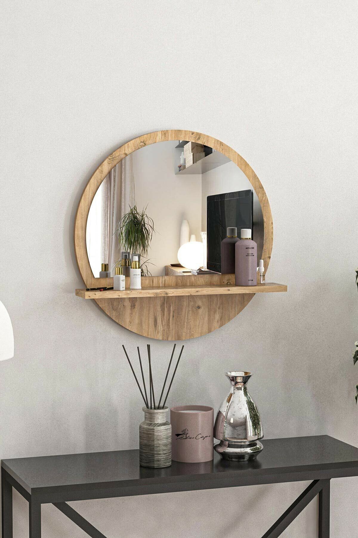 L'occi Concept Keep 45 Cm Dekoratif Yuvarlak Antre Koridor Duvar Salon Mutfak Banyo Atlantik Çam Raflı Ayna
