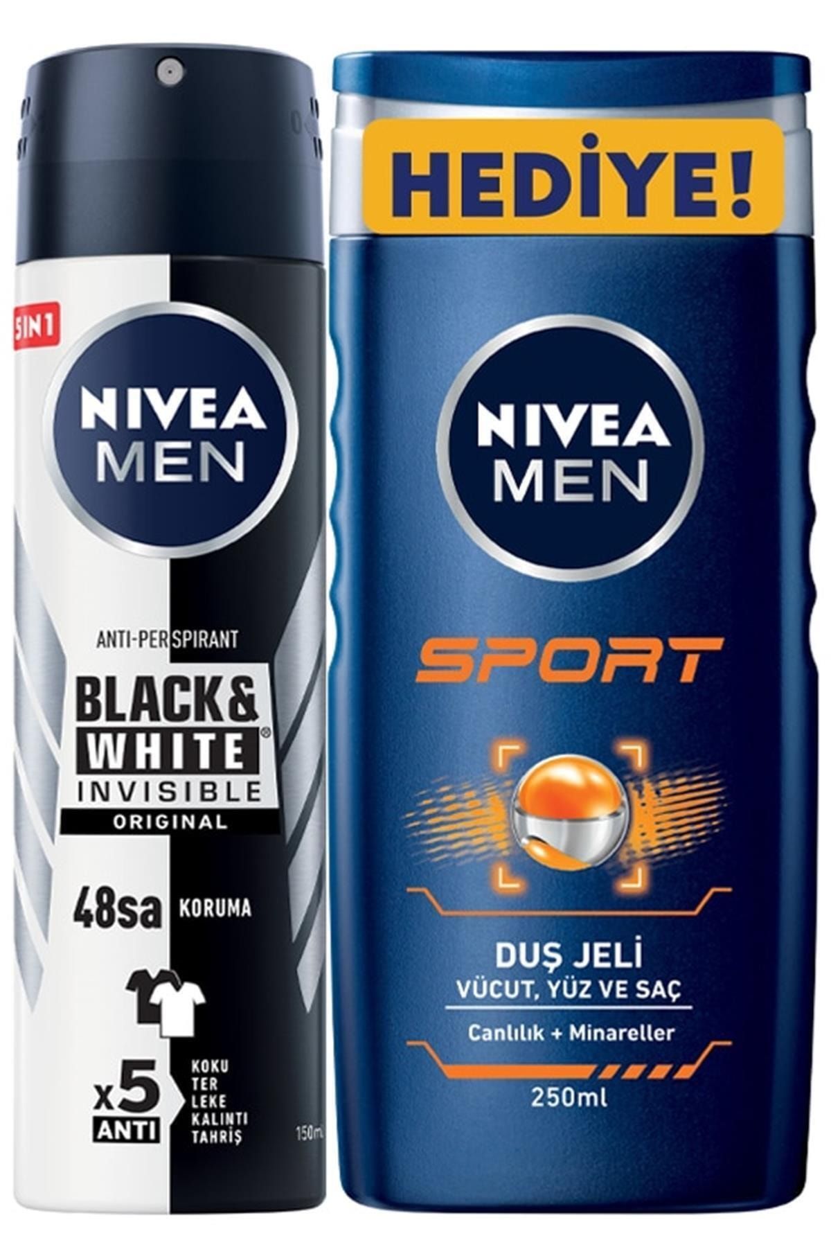 NIVEA Men Black & White Invisible Original Erkek Deodorant Sprey 150 Ml + Sport Duş Jeli 250