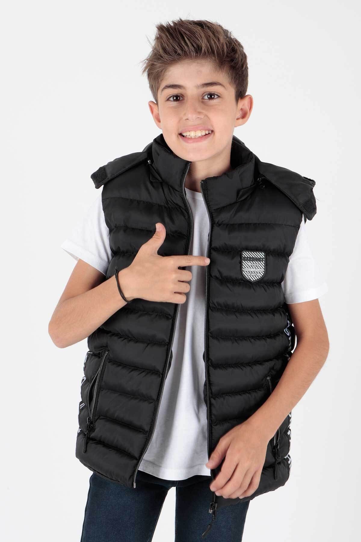 AHENGİM Erkek Çocuk Moda Trendi Şişme Kapüşonlu Şeritli Yelek Ak213839