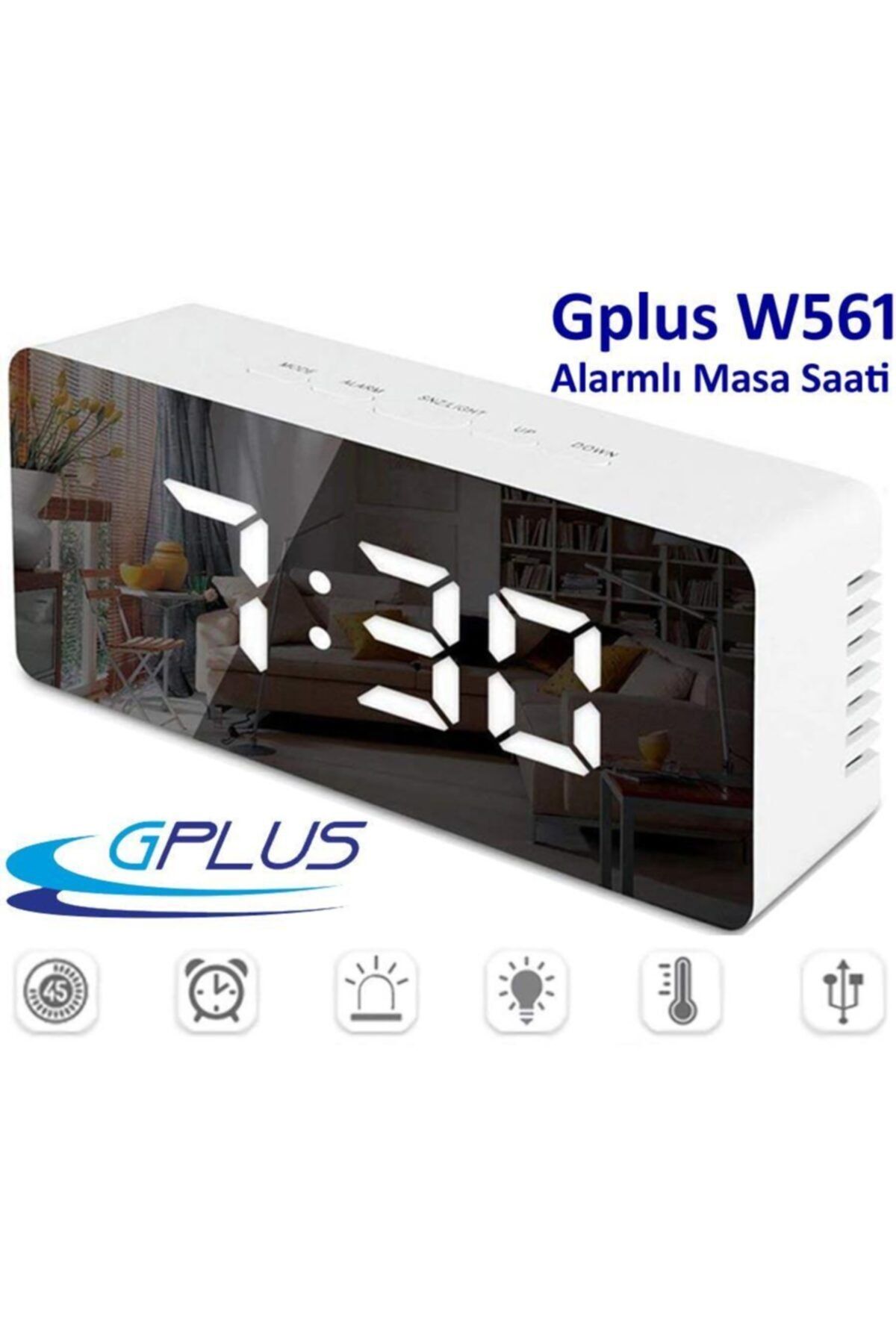 Gplus W561 Dijital Led Termometreli Aynalı Alarmlı Masa Saati Beyaz