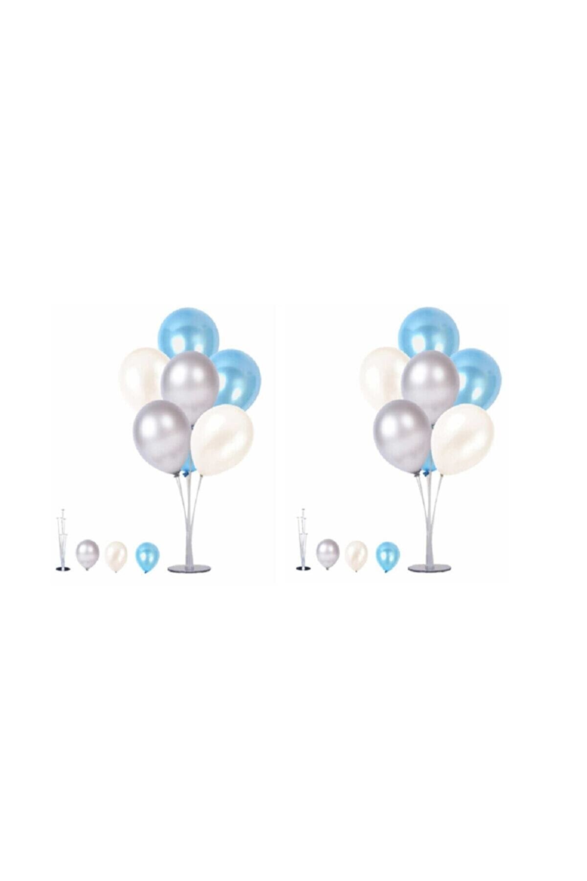 TATLI GÜNLER 2 Adet 7'li Balon Standı Ve 14 Adet Gümüş -mavi - Beyaz Metalik Balon Set