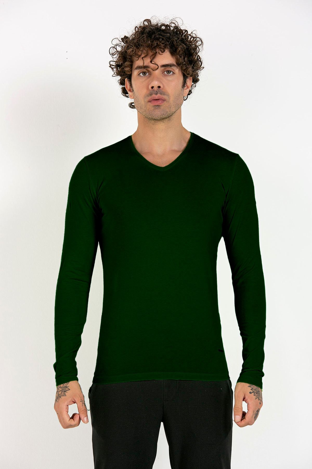 Fabregas Nefti Yeşil Slim Fit Likralı V Yaka Basic Uzun Kollu T-shirt