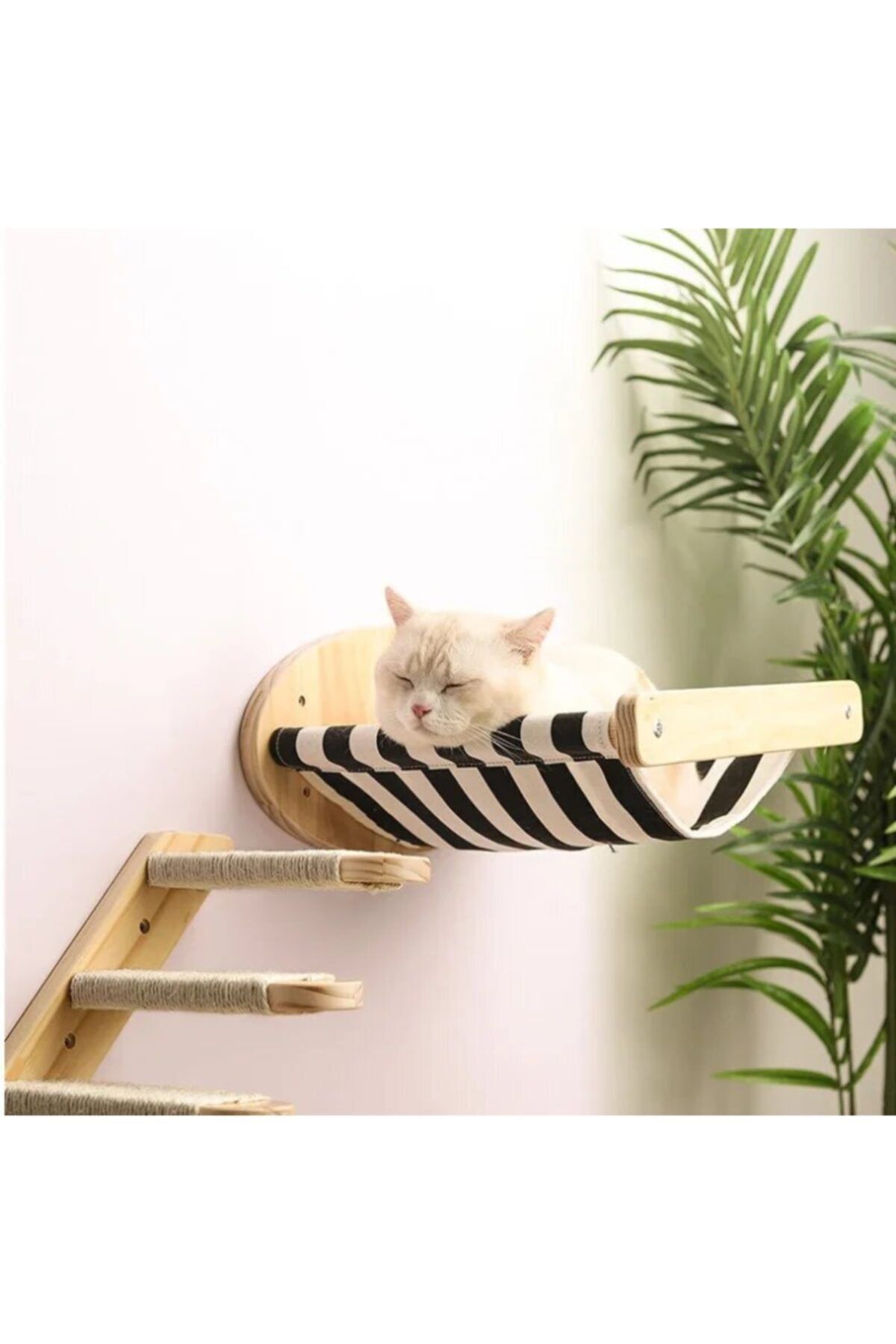 BUSHOP - Duvara Monte Bezli Kedi Hamağı - Balkonu Ve Doğal Kedi Merdiveni - 2'li Doğal Ahşap Set