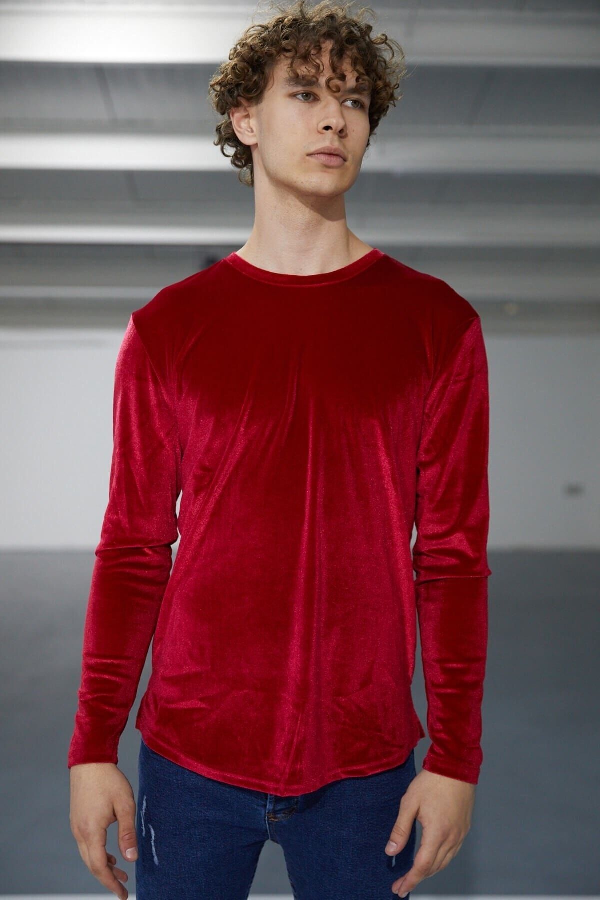 Karpefingo Erkek Kırmızı Kadife Uzun Kol Sweatshirt