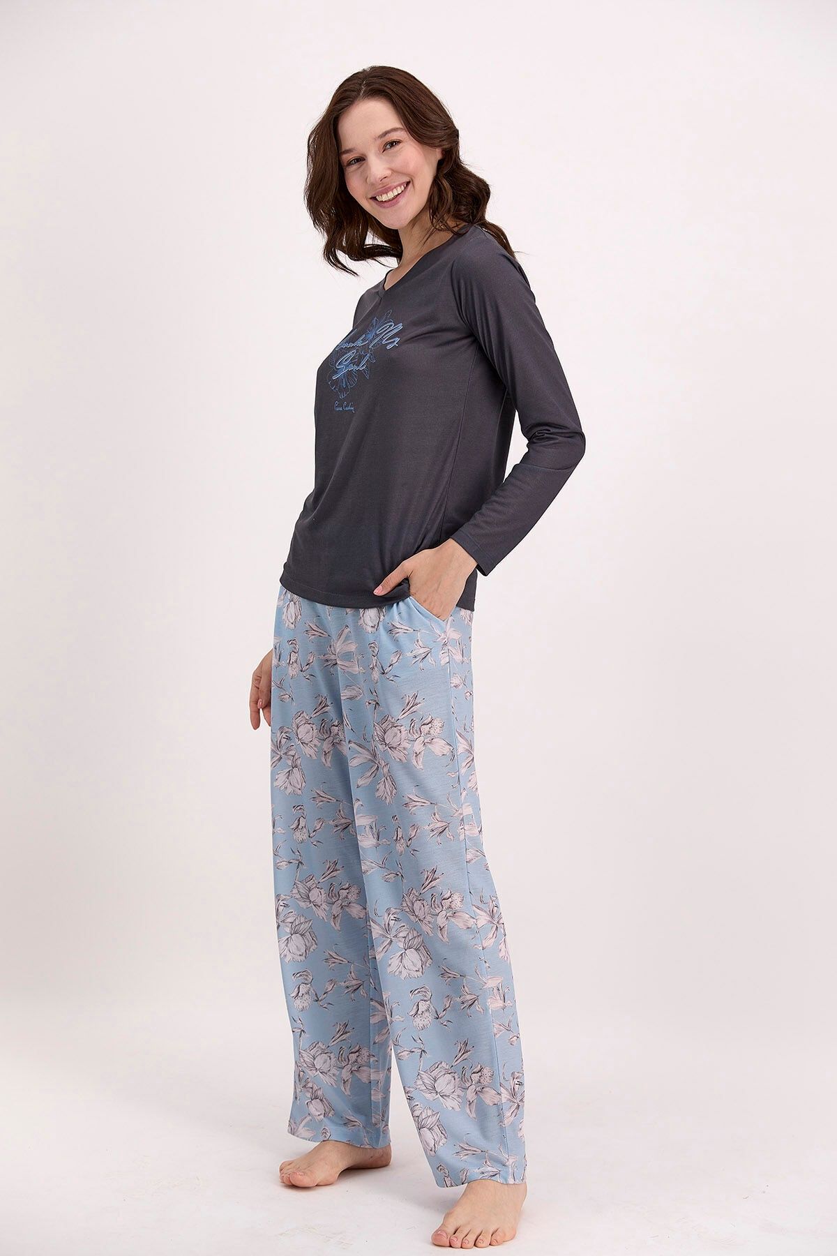 Pierre Cardin Çiçek Desenli Lacivert Kadın Gömlek Pijama Takımı
